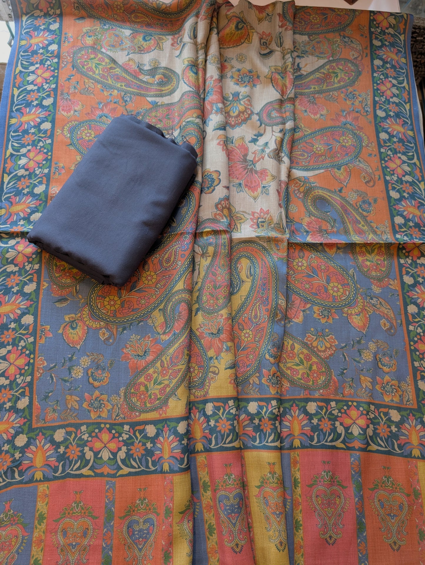 Pashmina 3 Piece Suit | Printed Pashmina Shawl with Marina Plain Suit Perfect Winter Suit