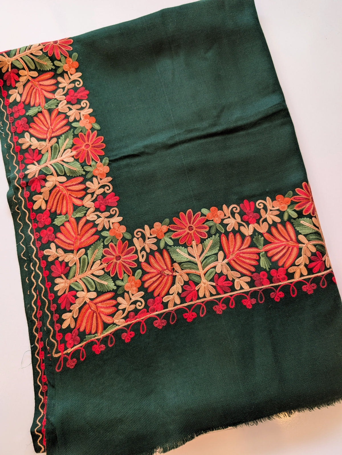 Kashmiri Shawl | Fine Pashmina Aari 4 Side Border Shawl Gift Item | Dark Green