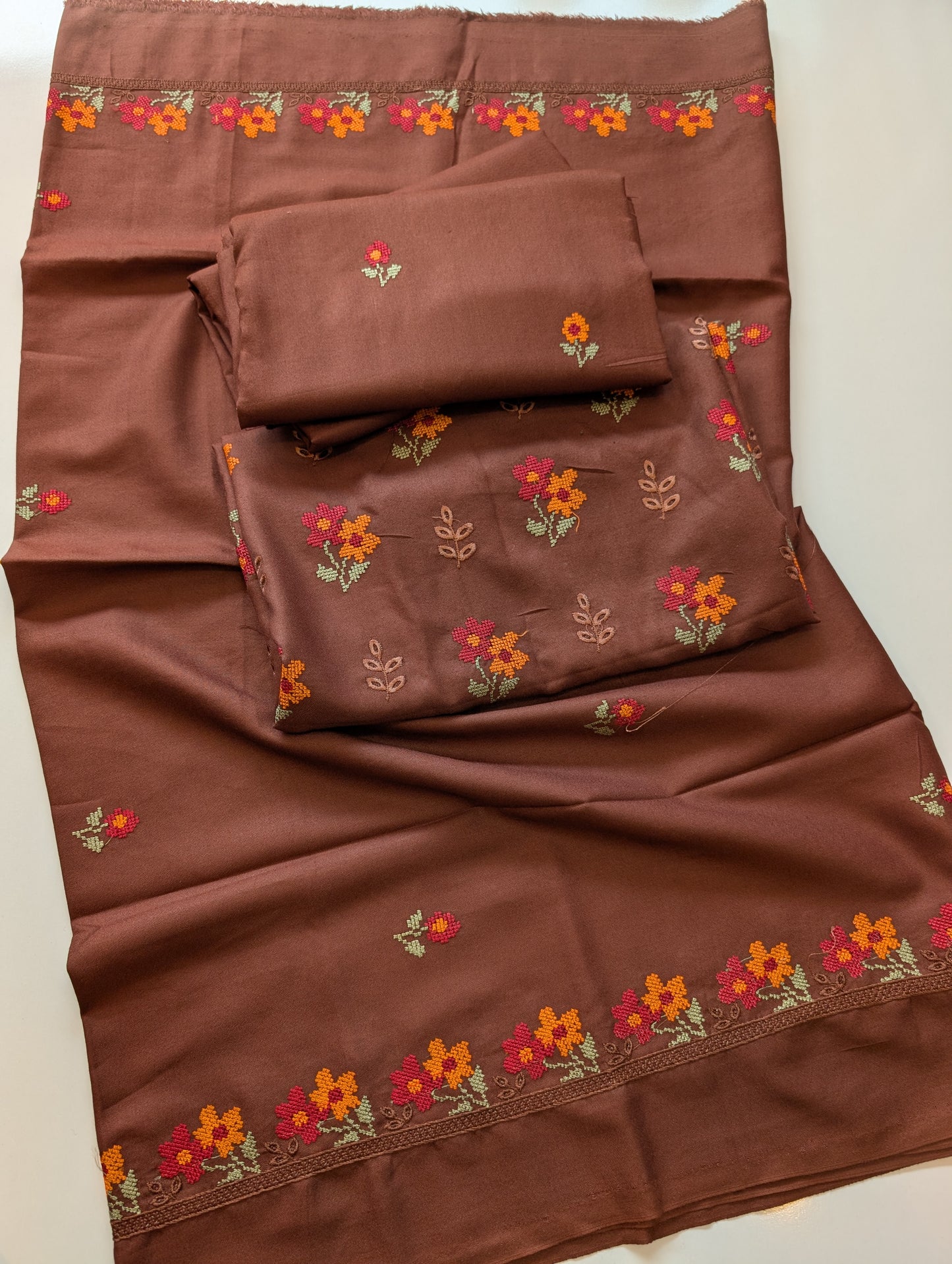 Marina 3 Piece Cross Stitched Embroidered Suit Marina Shawl | Brown