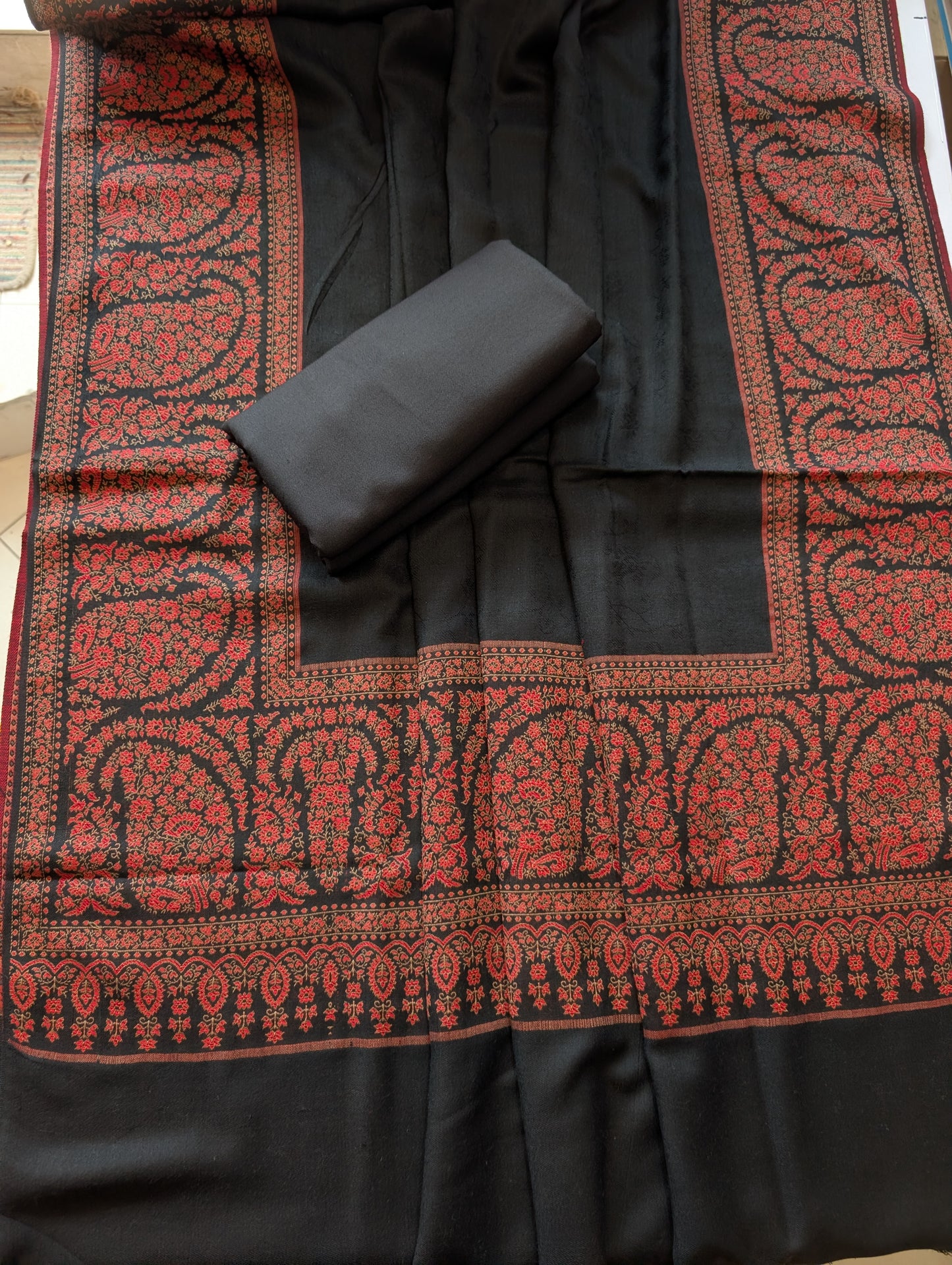 Pashmina 3 Piece Suit | Black Kani Border Pashmina Shawl With Black Marina Suit