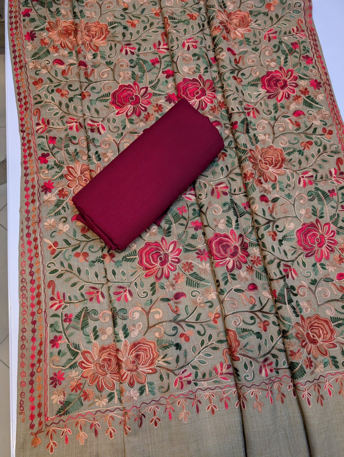 Pashmina 3 Piece Suit | Full Embroidered Gulabkar Shawl with Plain Suit Marina | Skin With Maroon