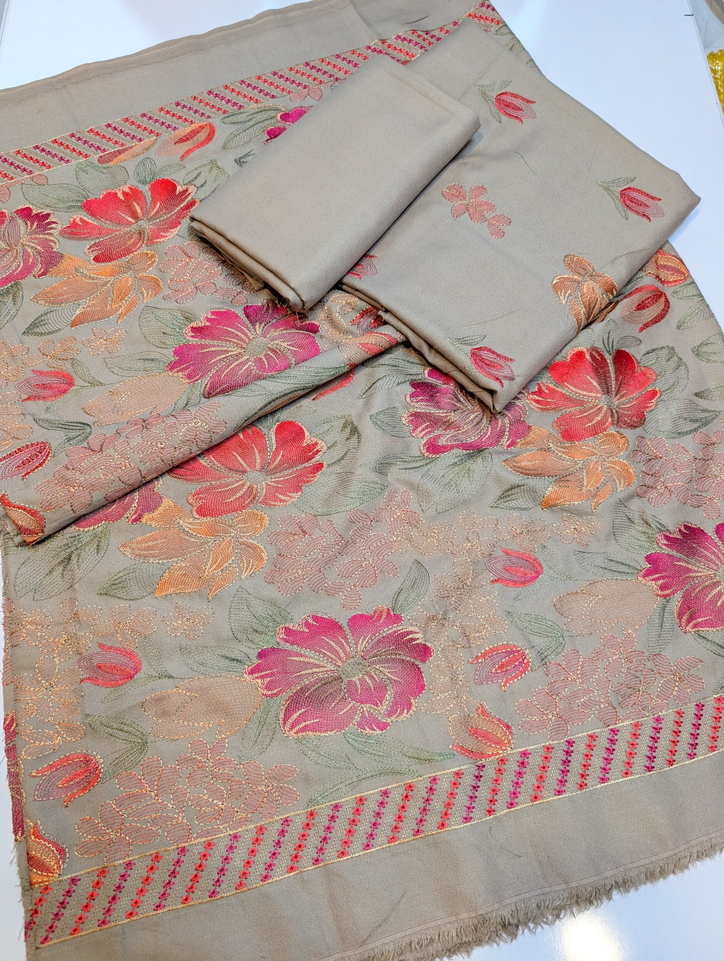 Marina Embroidered 3 Piece Suit Multi Embroidery Heavy Shawl | Skin Grey