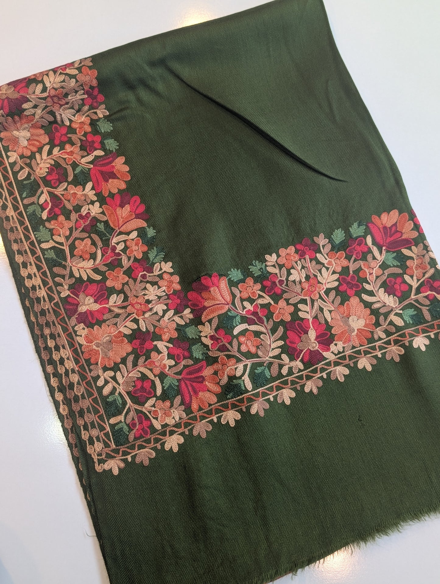 Pashmina Stole | Aari Border Embroidery 4 Side Border Perfect Gift | Mehndi Green
