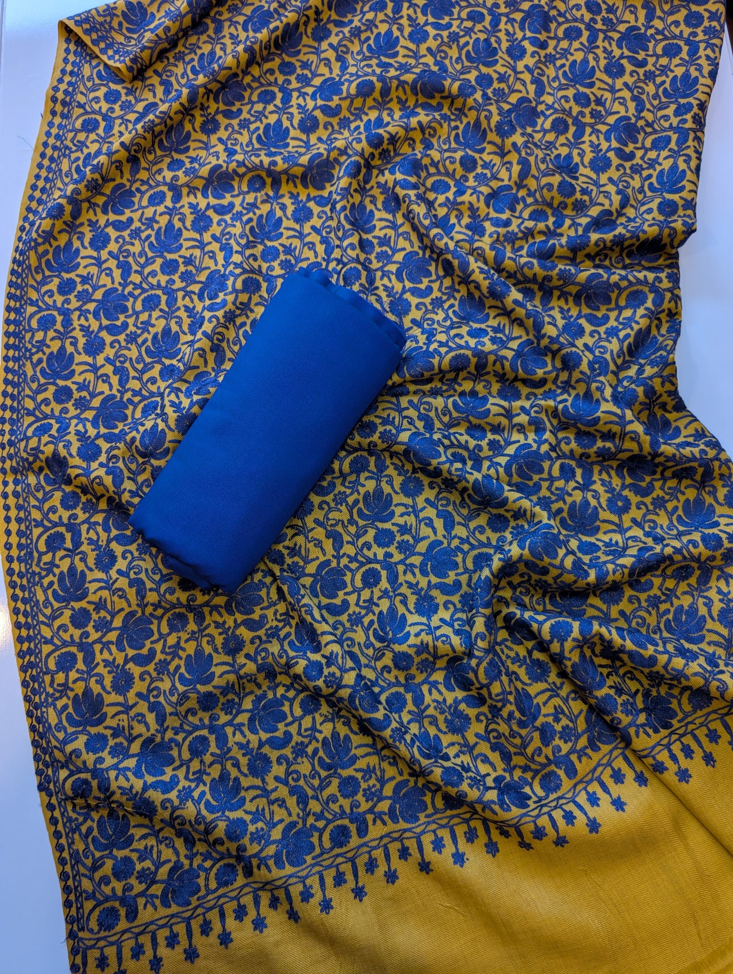 Pashmina 3 Piece Suit | Embroidered Shawl with Plain Suit Marina | Mustard With Blue