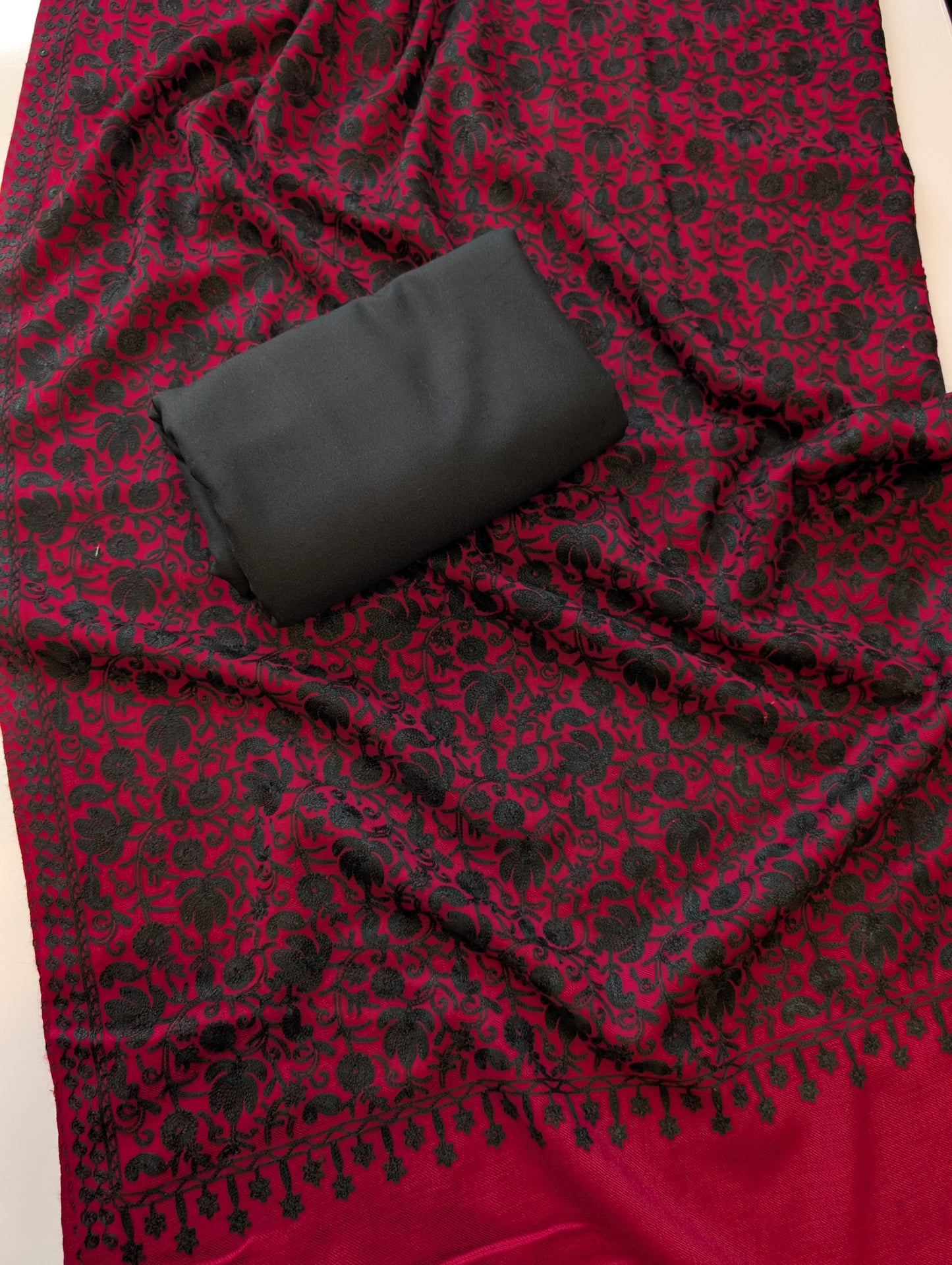 Pashmina 3 Piece Suit | Embroidered Shawl with Plain Suit Marina | Maroon With Black