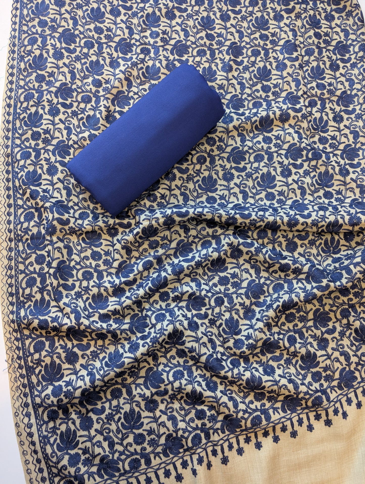 Pashmina 3 Piece Suit | Embroidered Shawl with Plain Suit Marina | Skin With Blue