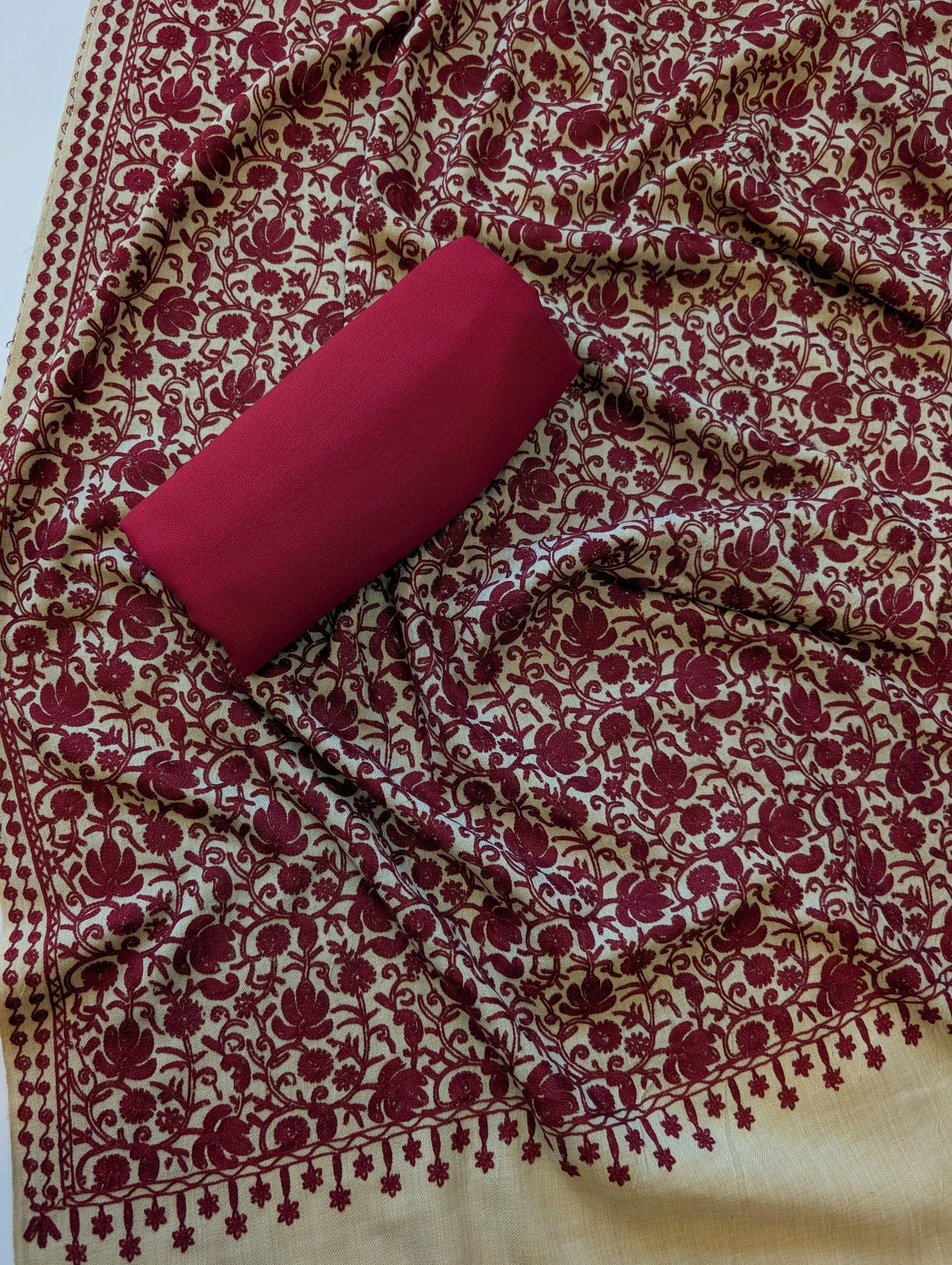 Pashmina 3 Piece Suit | Embroidered Shawl with Plain Suit Marina | Skin With Maroon