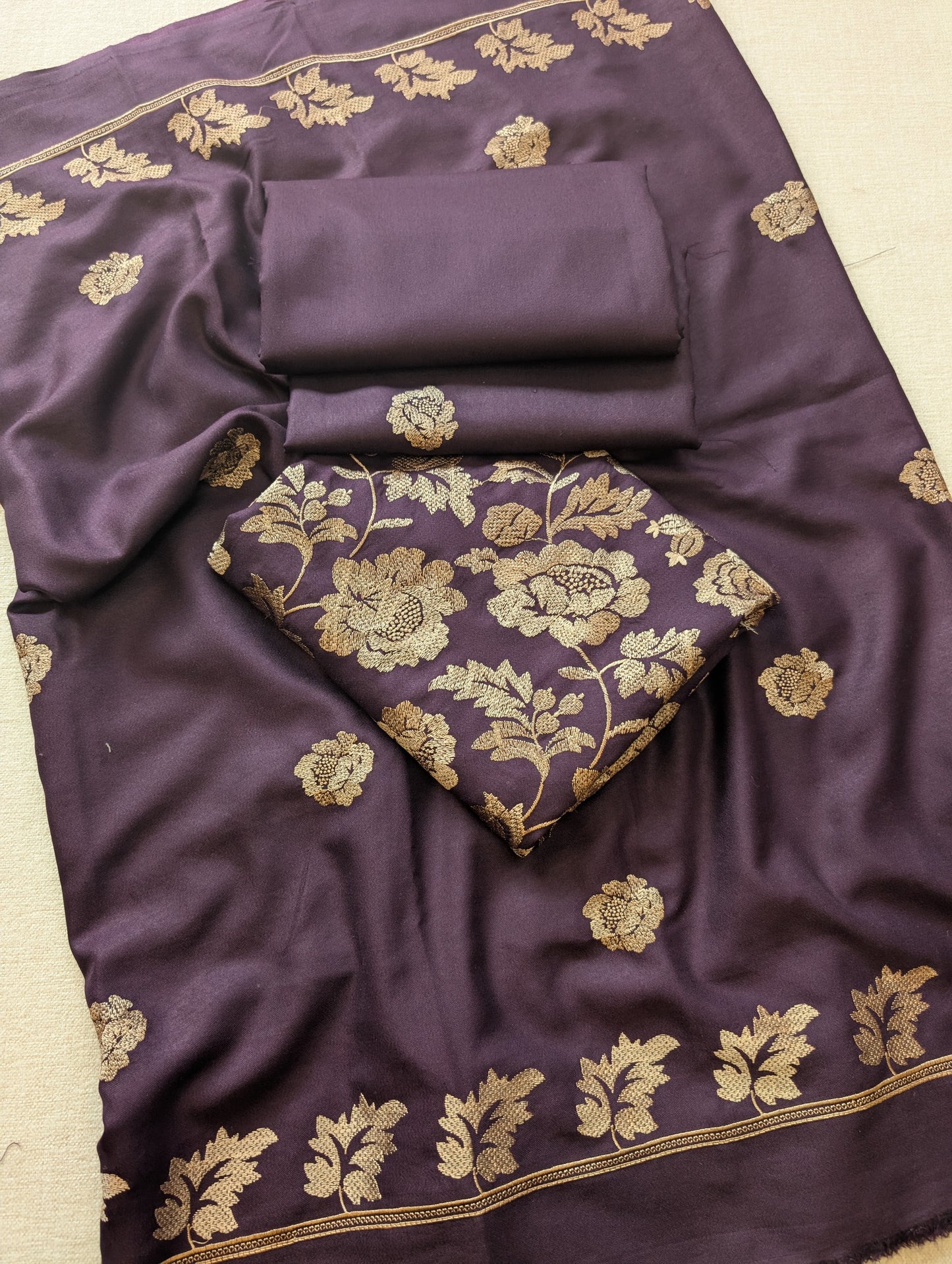 Marina 3 Piece Embroidered Suit Skin Embroidery Marina Shawl | Dark Purple