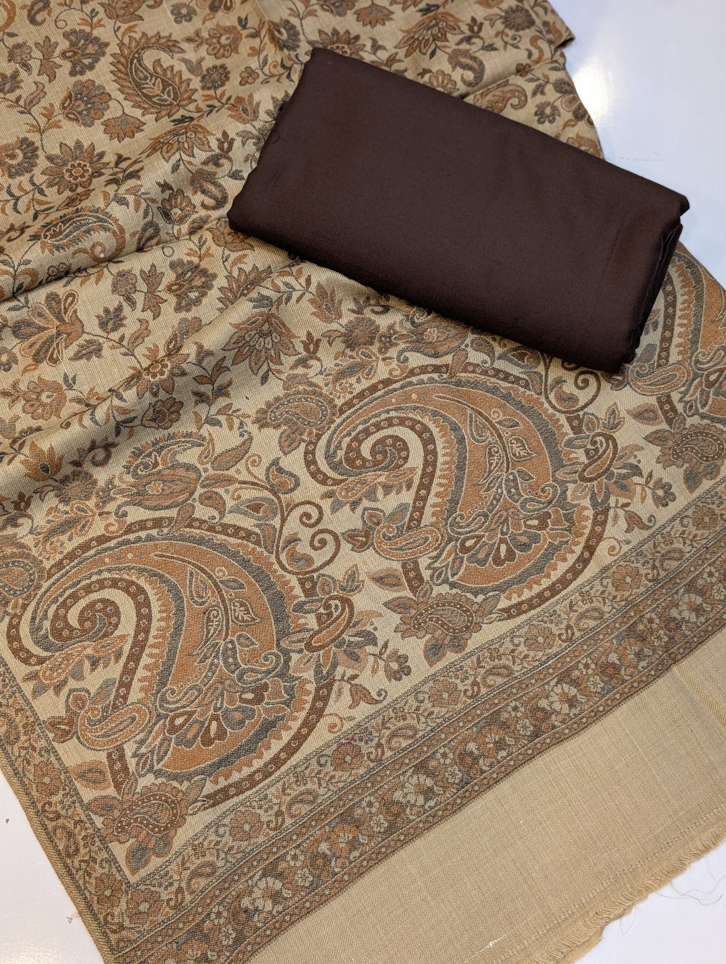 Pashmina 3 Piece Suit | Kani Pashmina Shawl With Green Marina Suit | Choc Brown