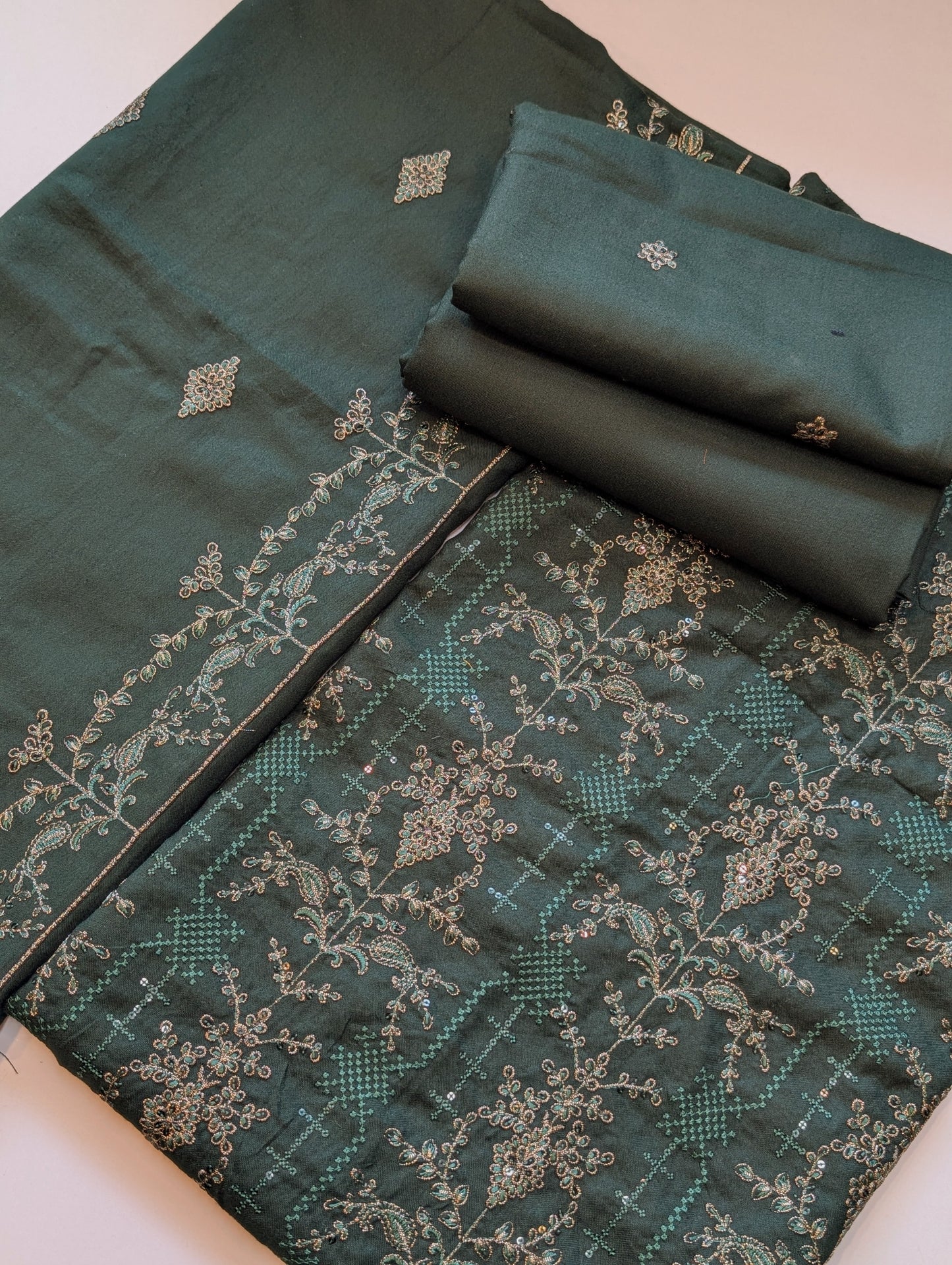 Marina 3 Piece Embroidered Suit Multi Embroidery Marina Shawl | Dark Green