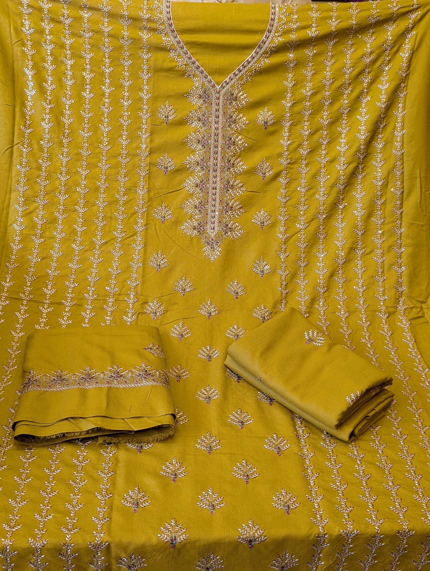 Marina 3 Piece Embroidered Suit Multi Embroidery Marina Shawl | Mustard