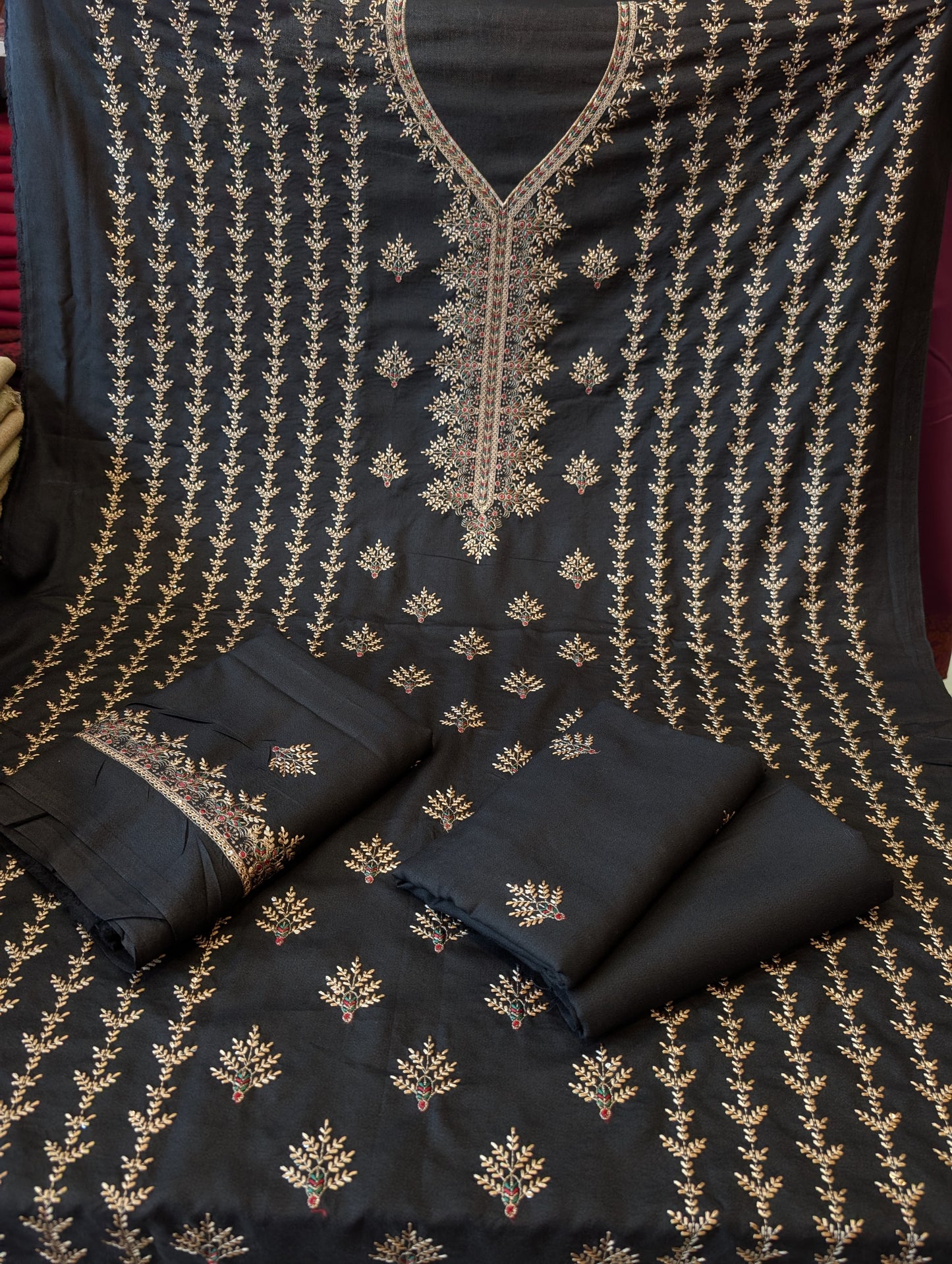 Marina 3 Piece Embroidered Suit Multi Embroidery Marina Shawl | Black