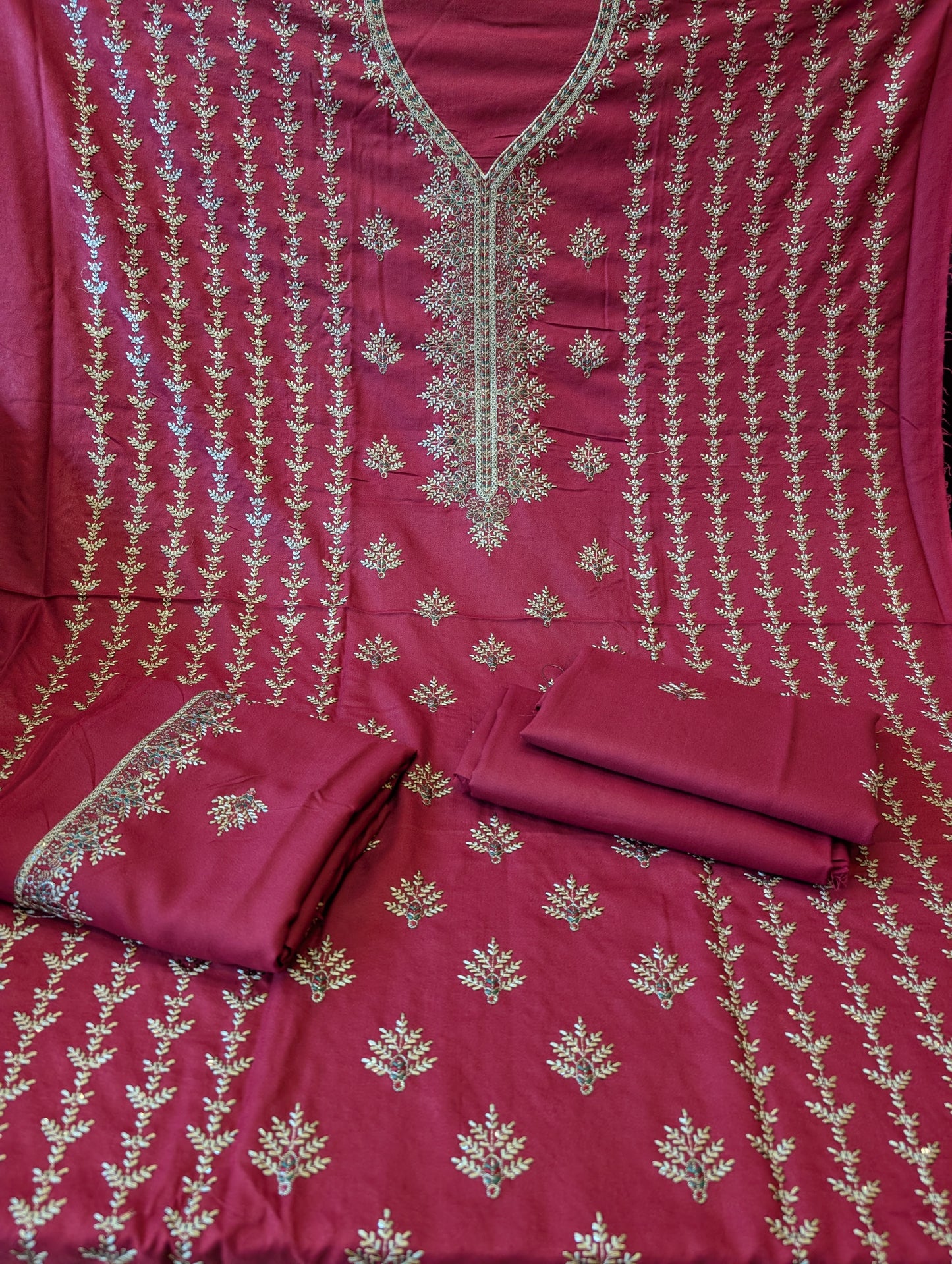 Marina 3 Piece Embroidered Suit Multi Embroidery Marina Shawl | Maroon