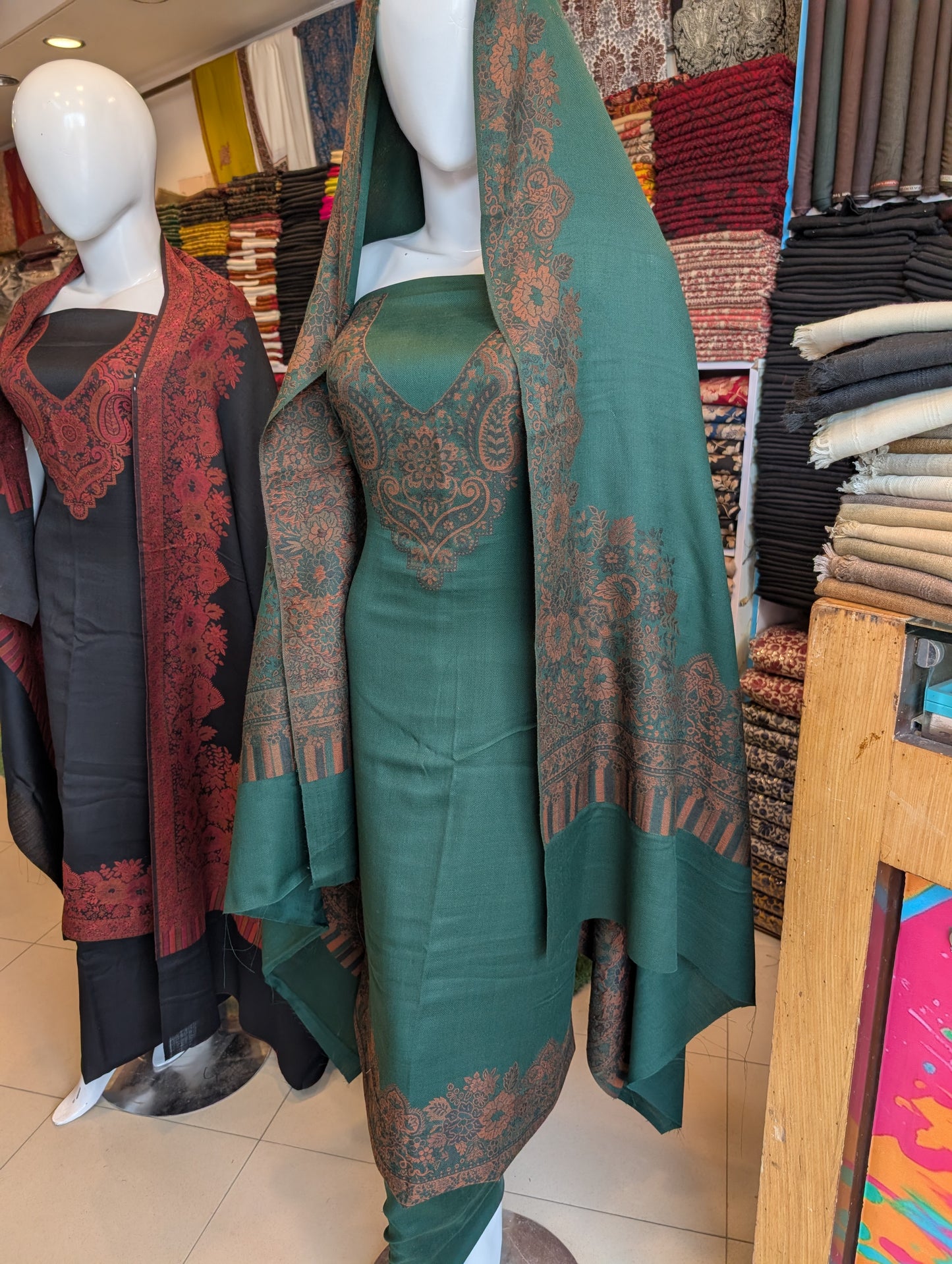Special Kani 3 Piece Unstitched Suit Gala Daman | Dark Green