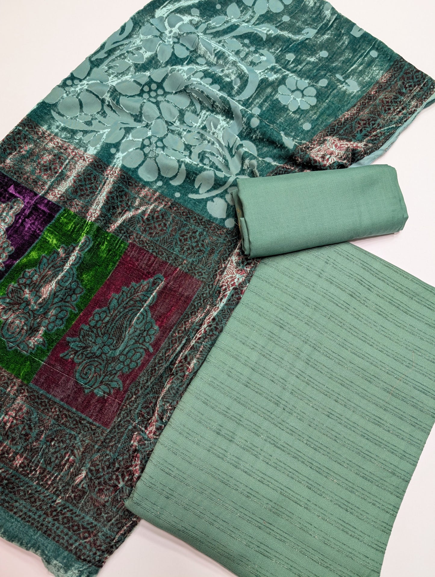 3 Piece Suit | Moonlight Marina with Velvet Palachi Shawl | Pista Green