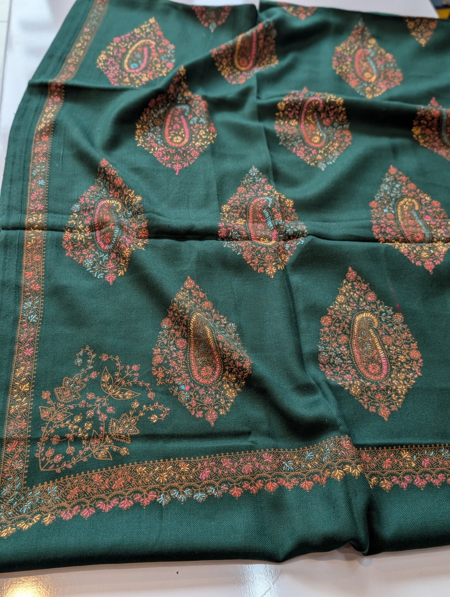 Pashmina Shawl | Hand Embroidery on Print Beautiful Shawl | Dark Green