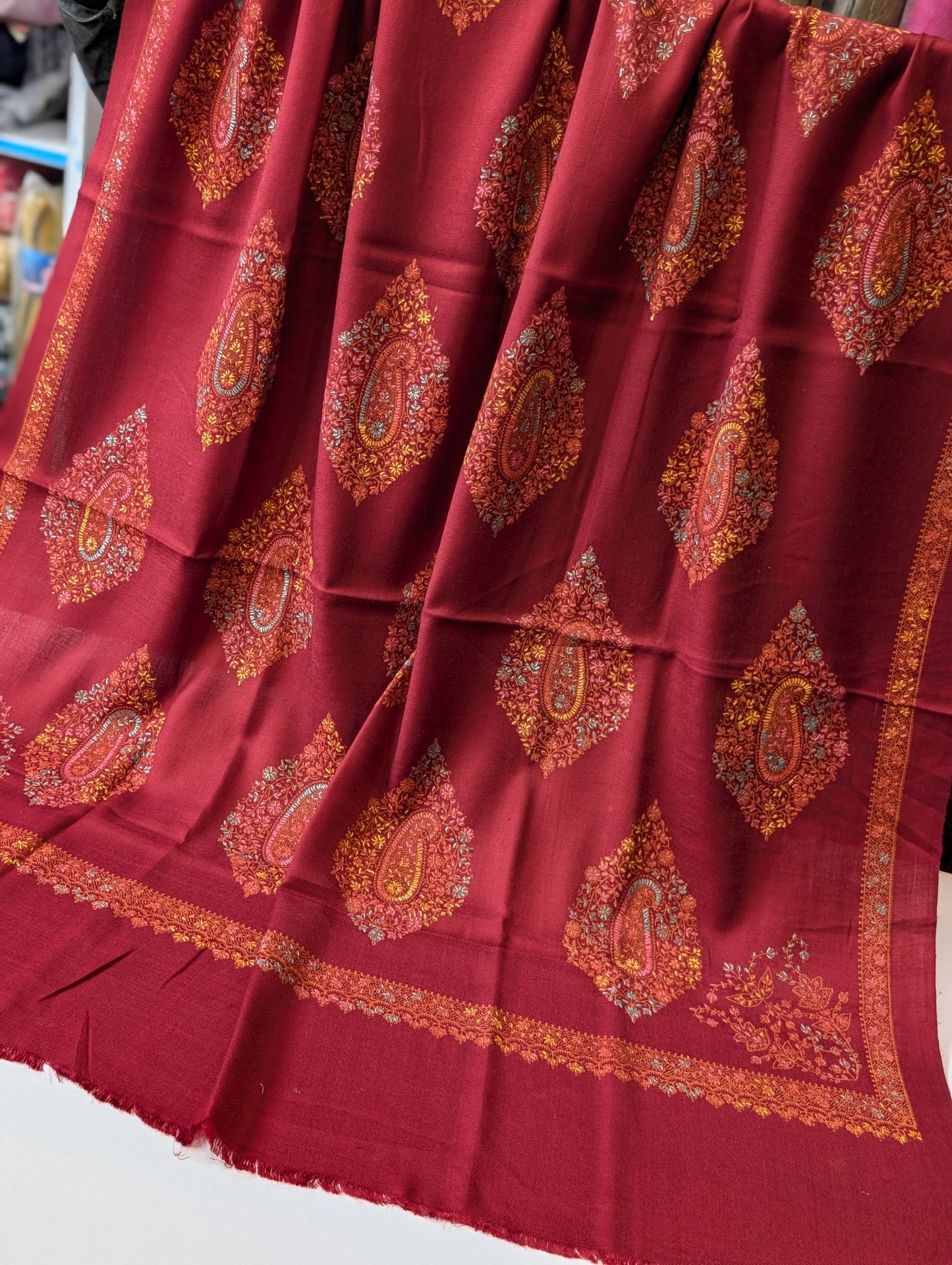 Pashmina Shawl | Hand Embroidery on Print Beautiful Shawl | Maroon