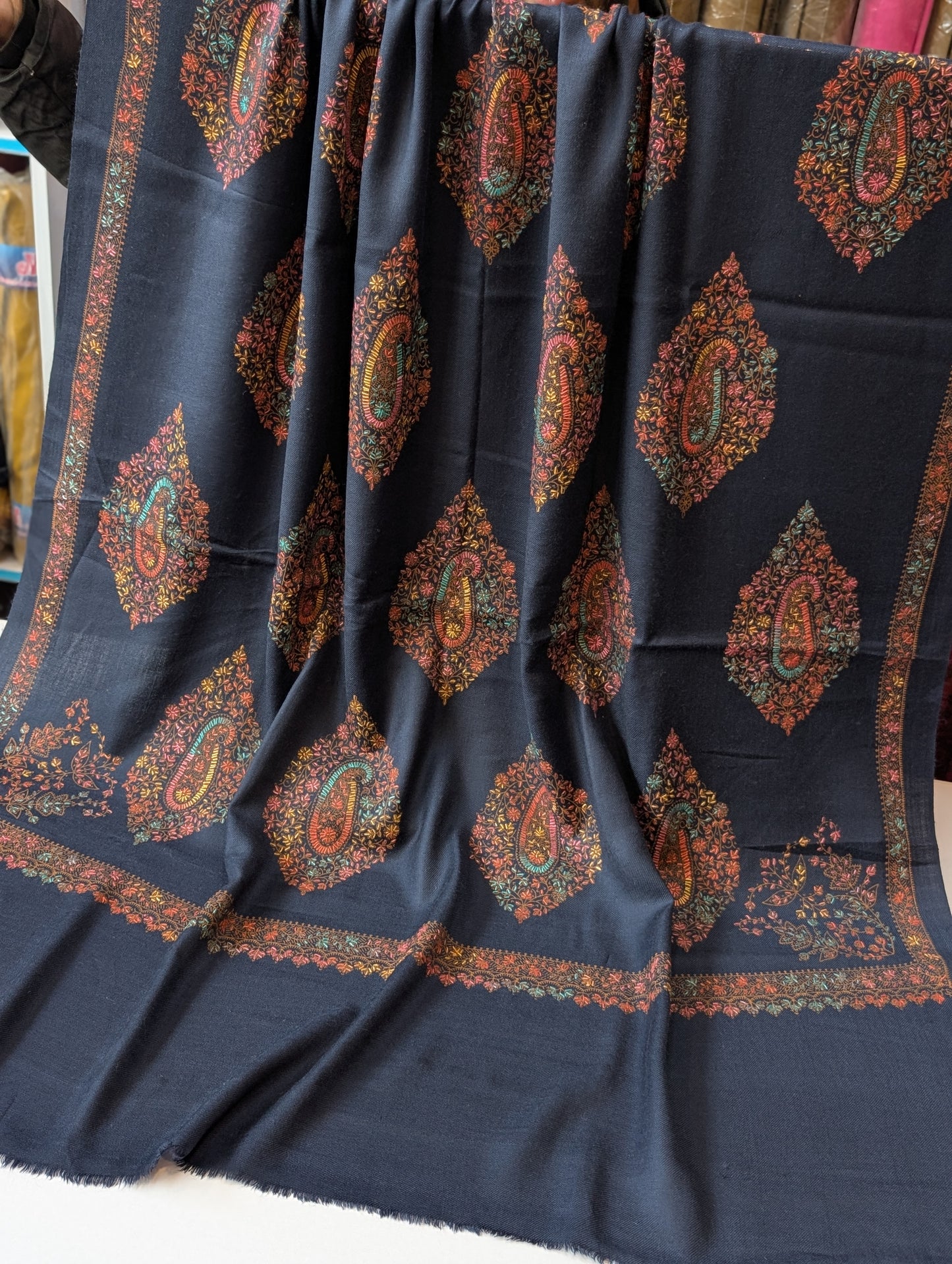 Pashmina Shawl | Hand Embroidery on Print Beautiful Shawl | Navy Blue