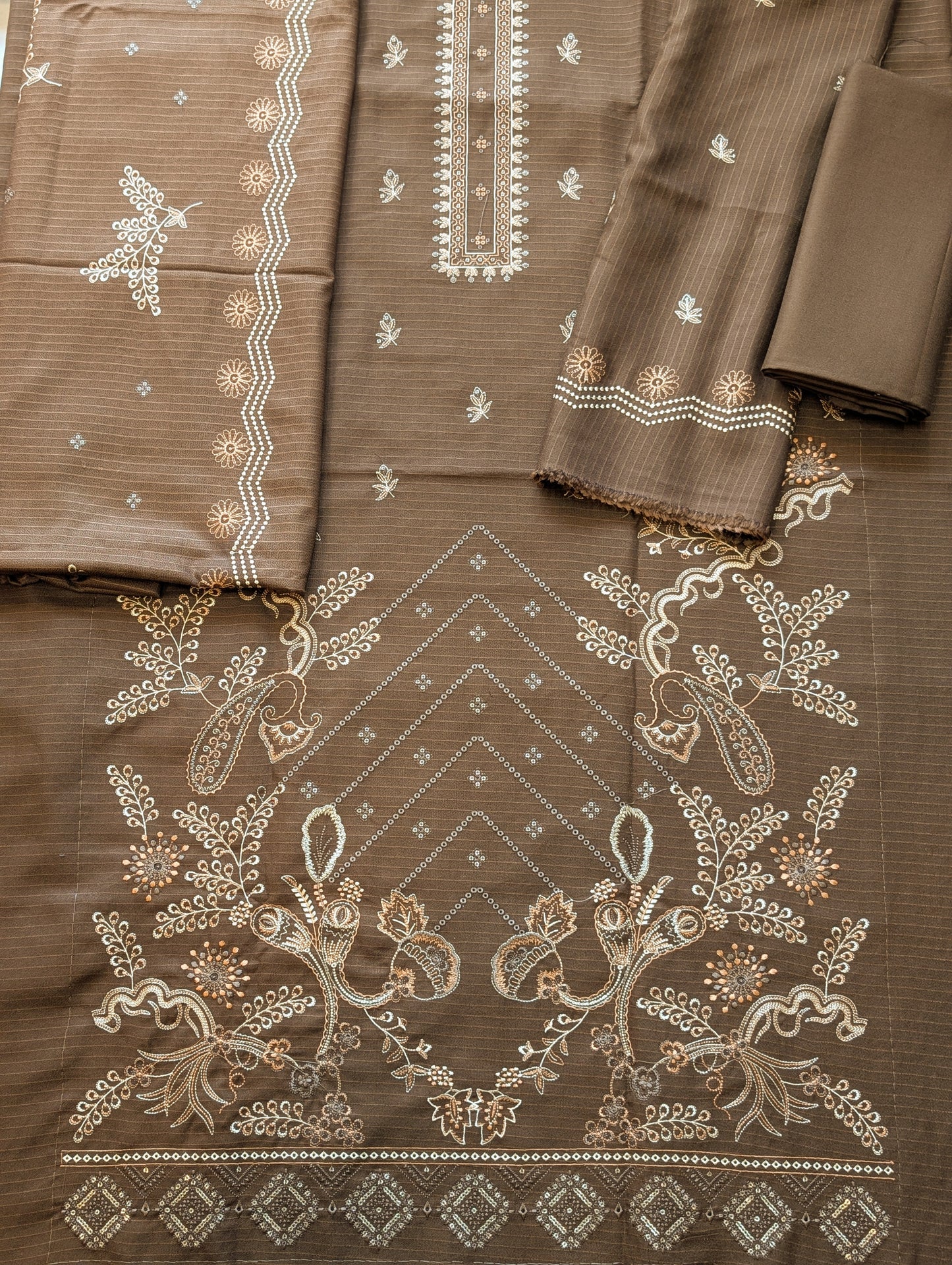 Marina (Doria) 3 Piece Embroidered Suit Multi Fancy Embroidery With Marina Shawl | Dark Mehndi