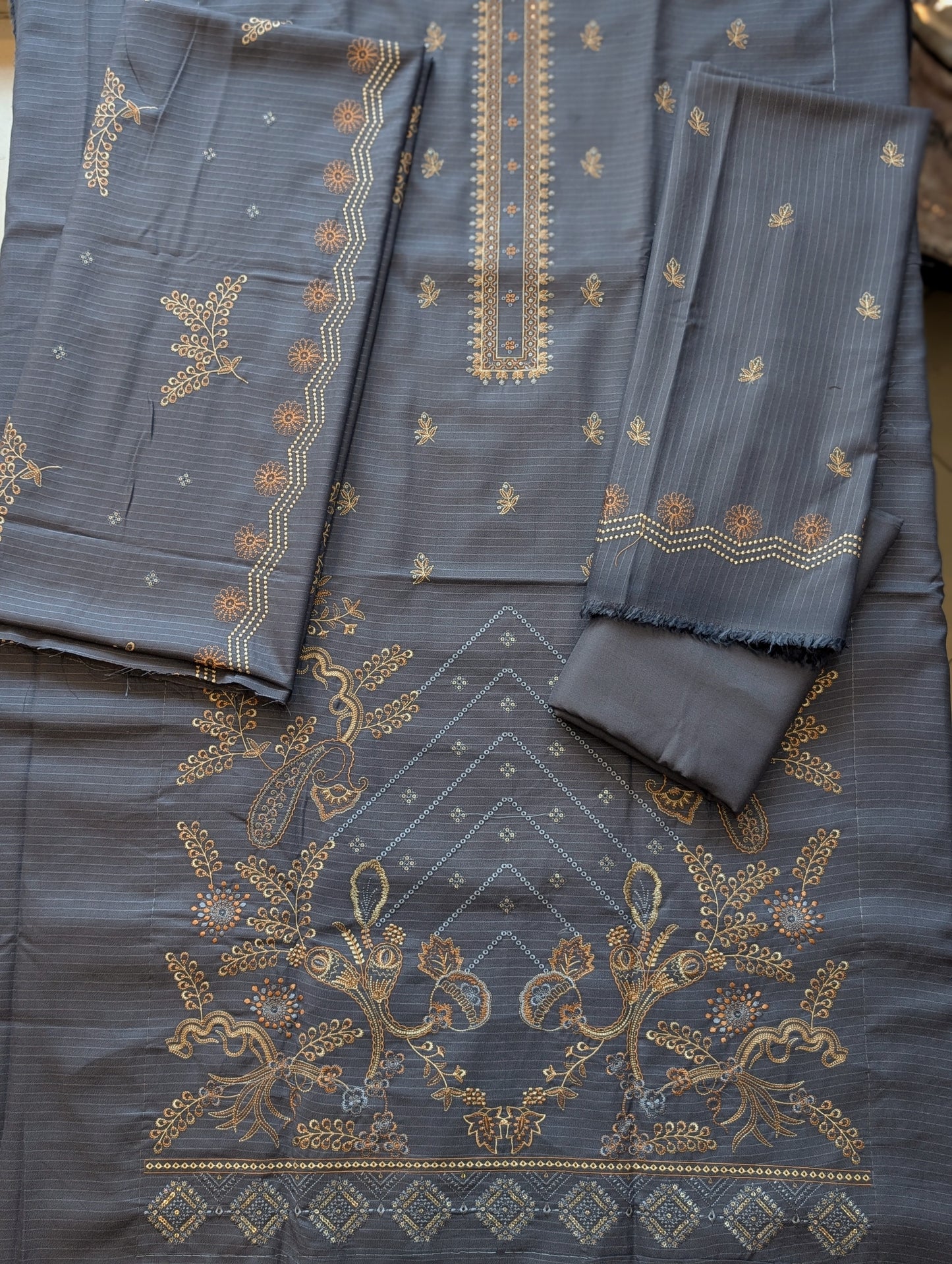 Marina (Doria) 3 Piece Embroidered Suit Multi Fancy Embroidery With Marina Shawl | Grey