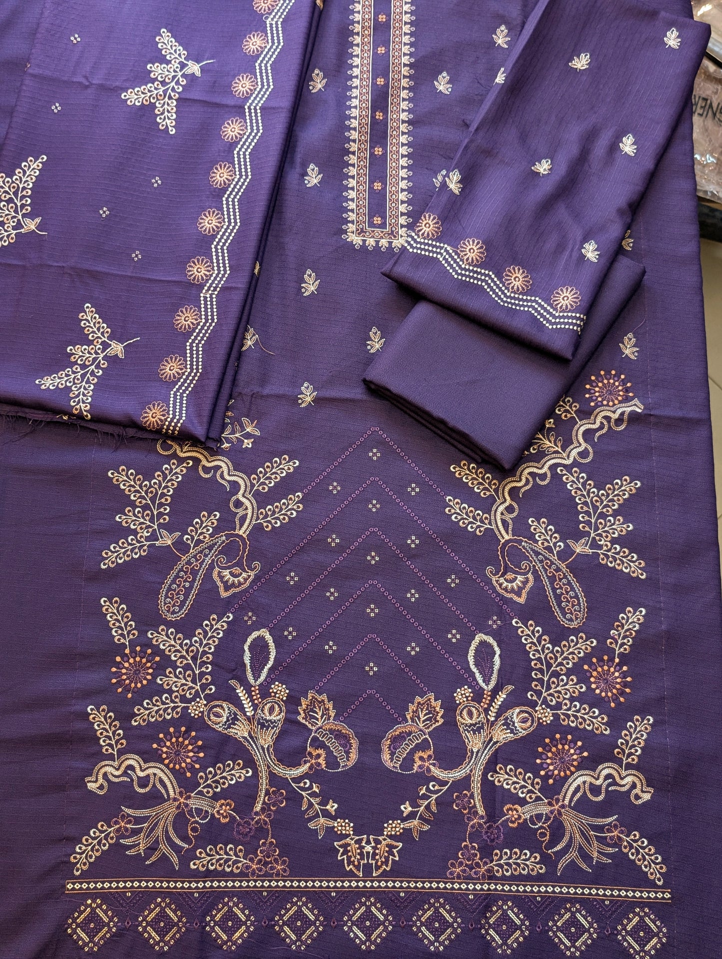 Marina (Doria) 3 Piece Embroidered Suit Multi Fancy Embroidery With Marina Shawl | Dark Purple