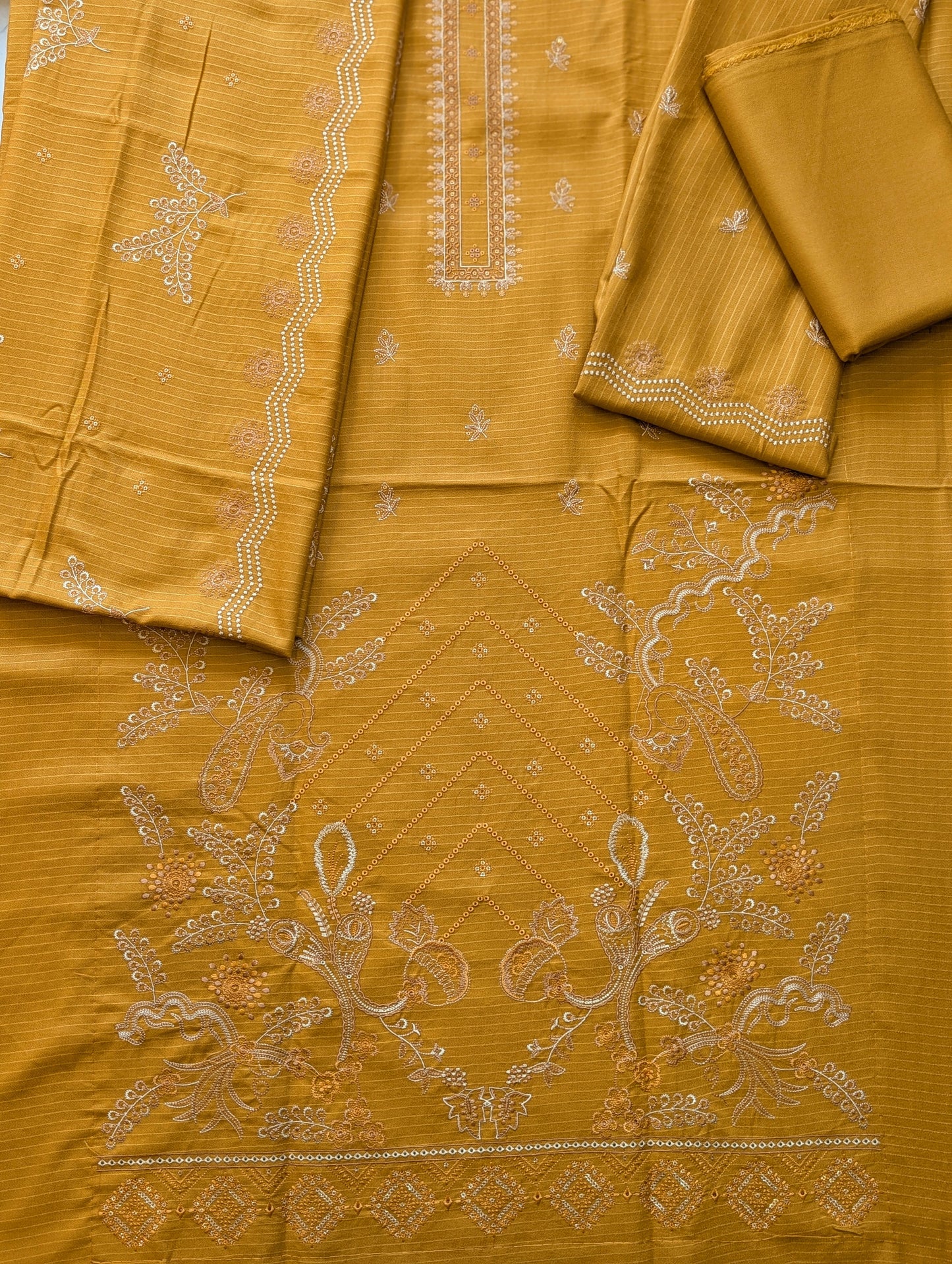 Marina (Doria) 3 Piece Embroidered Suit Multi Fancy Embroidery With Marina Shawl | Mustard