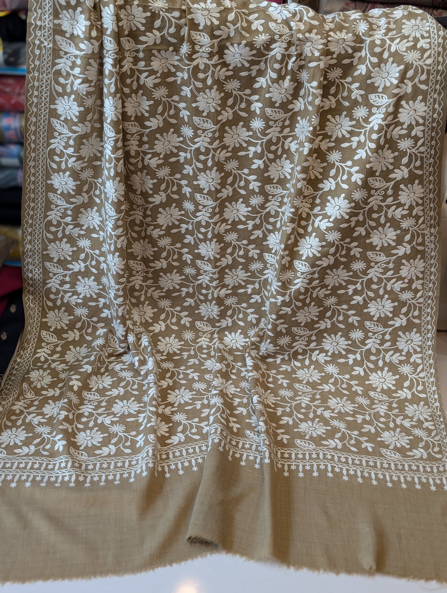 Skin With White Pashmina Embroidered Shawl | Kashmiri Aar Work Embroidery Perfect Gift in Sale Price