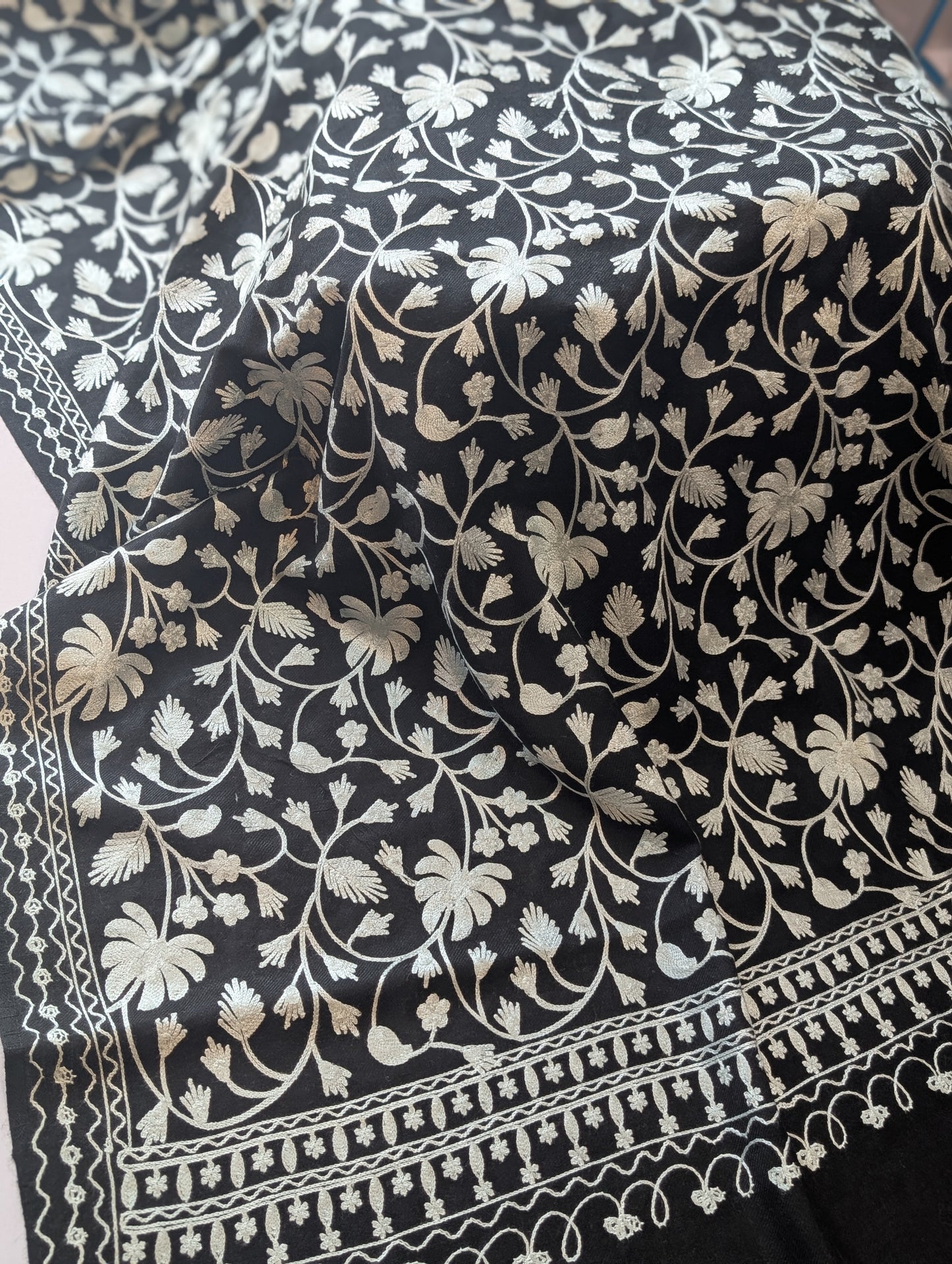 Black with Silver Pashmina Embroidered Shawl | Kashmiri Aar Work Embroidery Perfect Gift in Sale Price