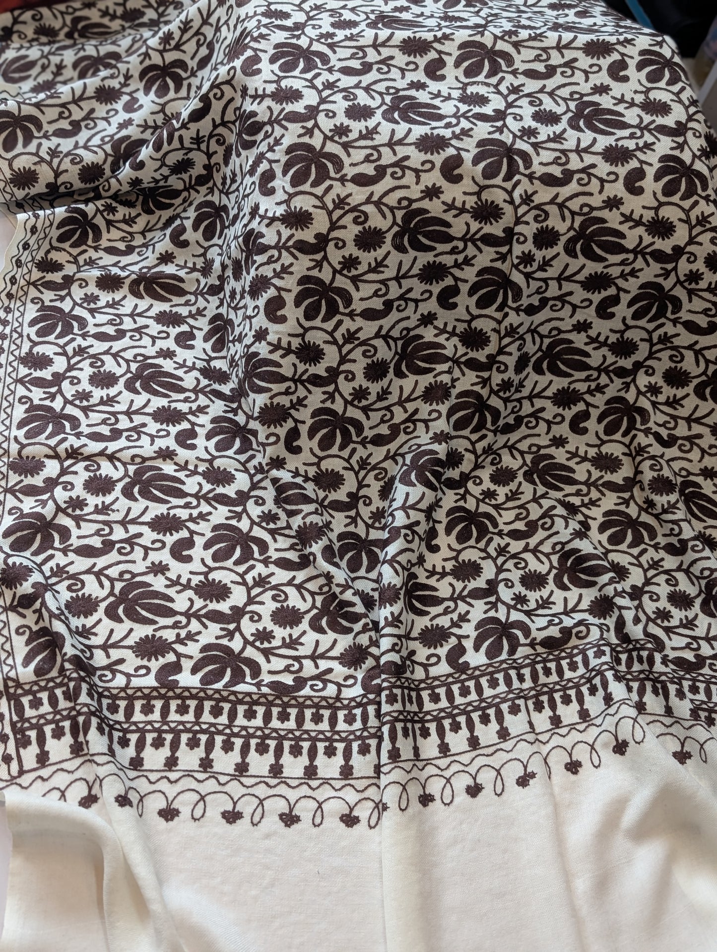 White With Brown Pashmina Embroidered Shawl | Kashmiri Aar Work Embroidery Perfect Gift in Sale Price