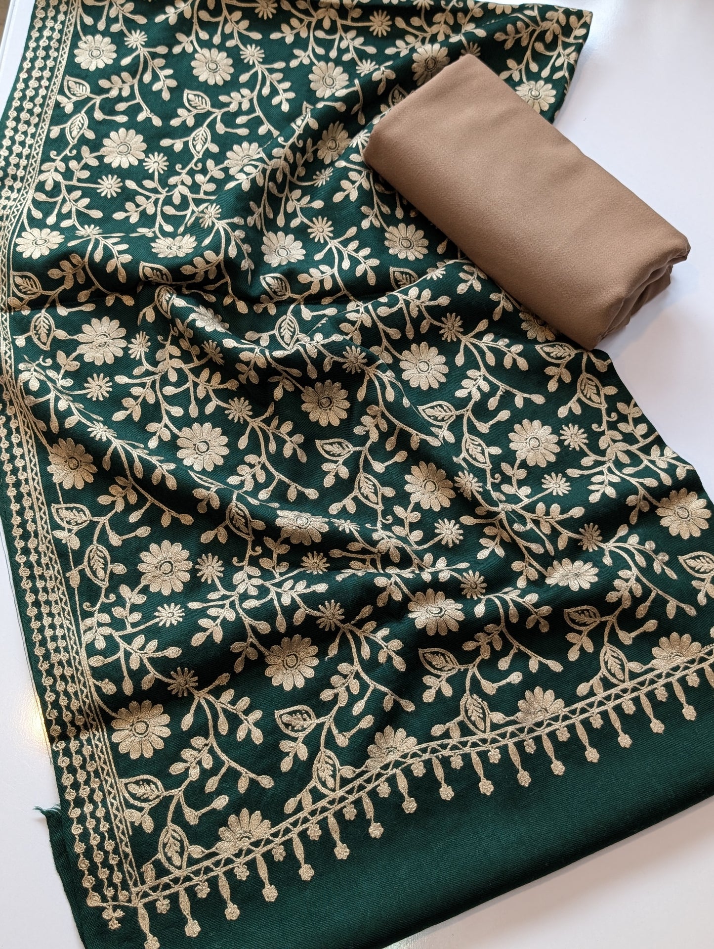 Pashmina 3 Piece Suit | Embroidered Shawl with Plain Suit Marina | Skin Green
