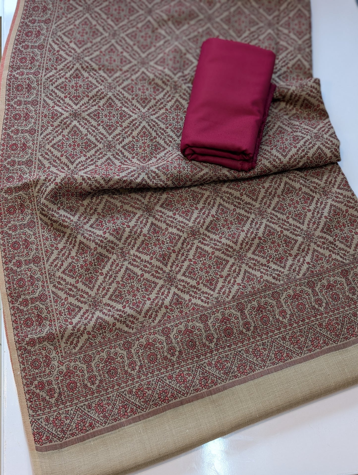 Pashmina 3 Piece Suit | Skin Kani Pashmina Shawl With Maroon Plain Marina Suit