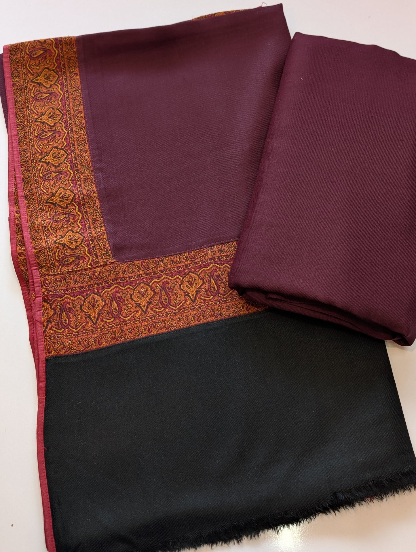 Pashmina Suit 3 Piece | Kani Border Shawl with Plain Suit | Burgundy