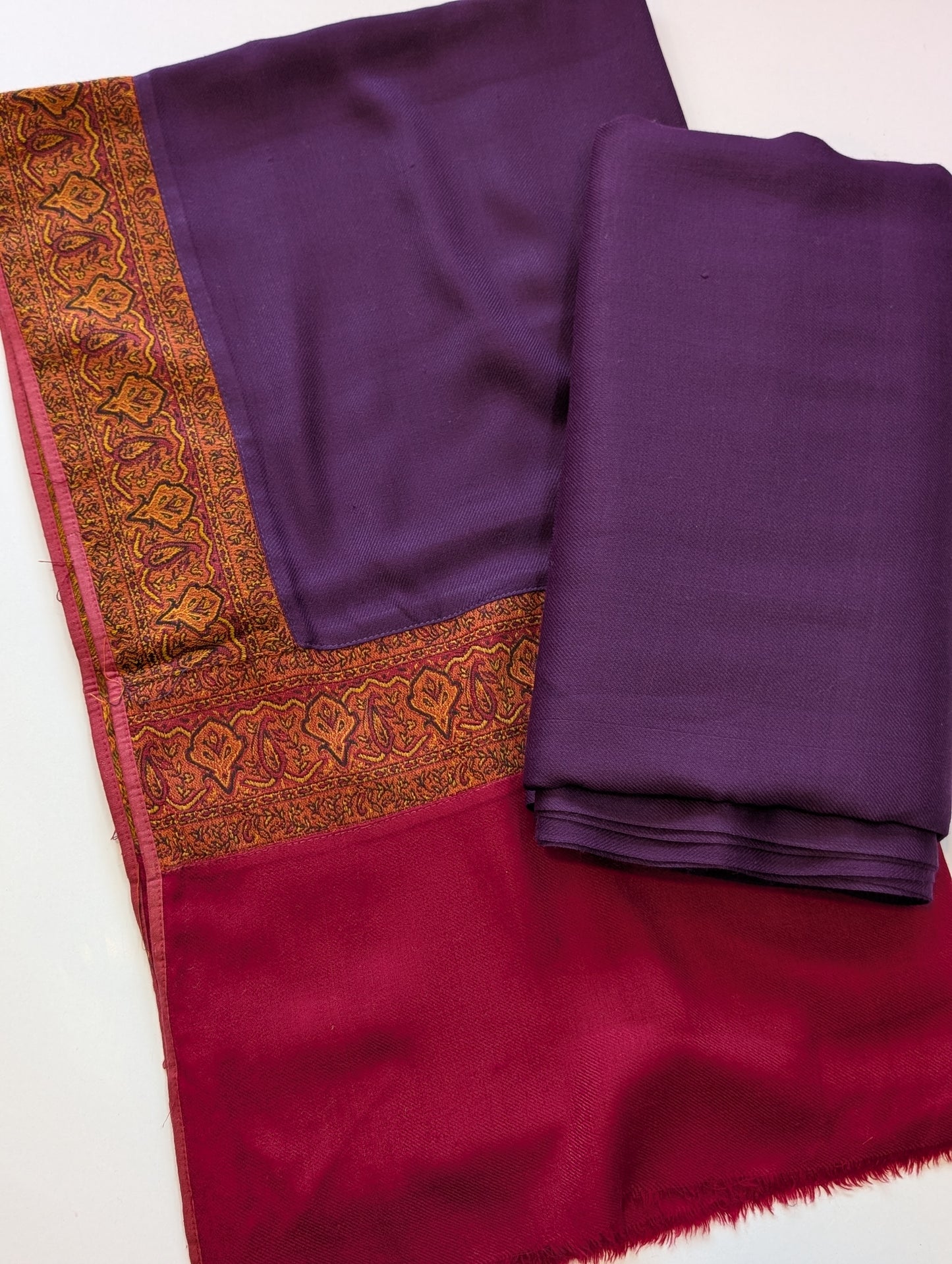 Pashmina Suit 3 Piece | Kani Border Shawl with Plain Suit | Dark Purple