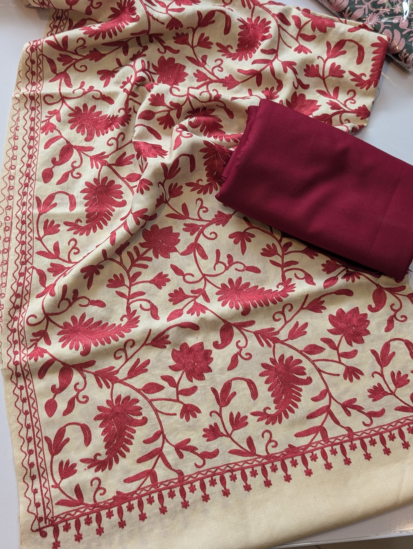 Pashmina 3 Piece Suit | Embroidered Shawl with Plain Suit Marina | Skin Maroon