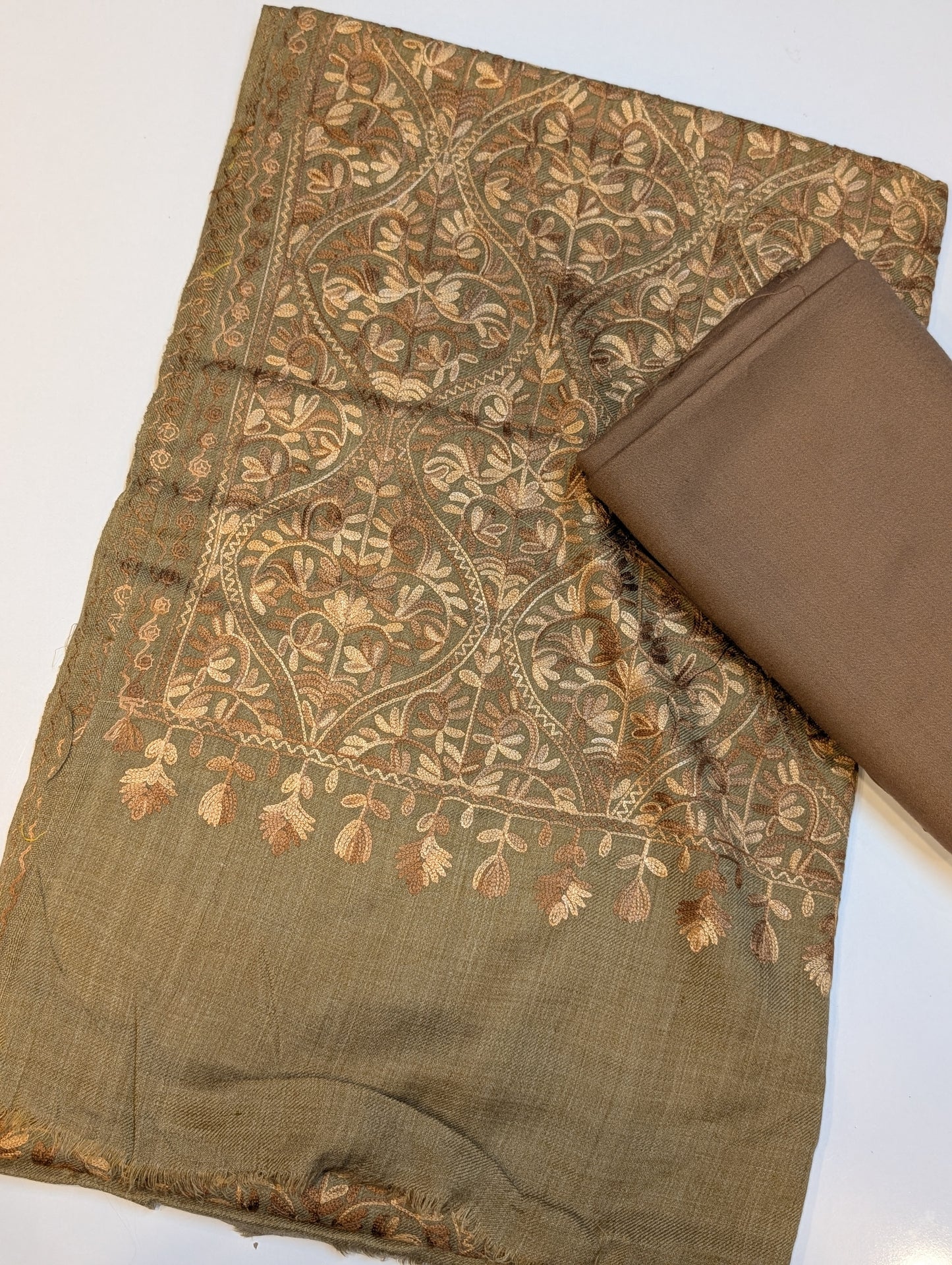 Pashmina 3 Piece Suit | Embroidered Shawl with Plain Suit Marina | Skin Brown