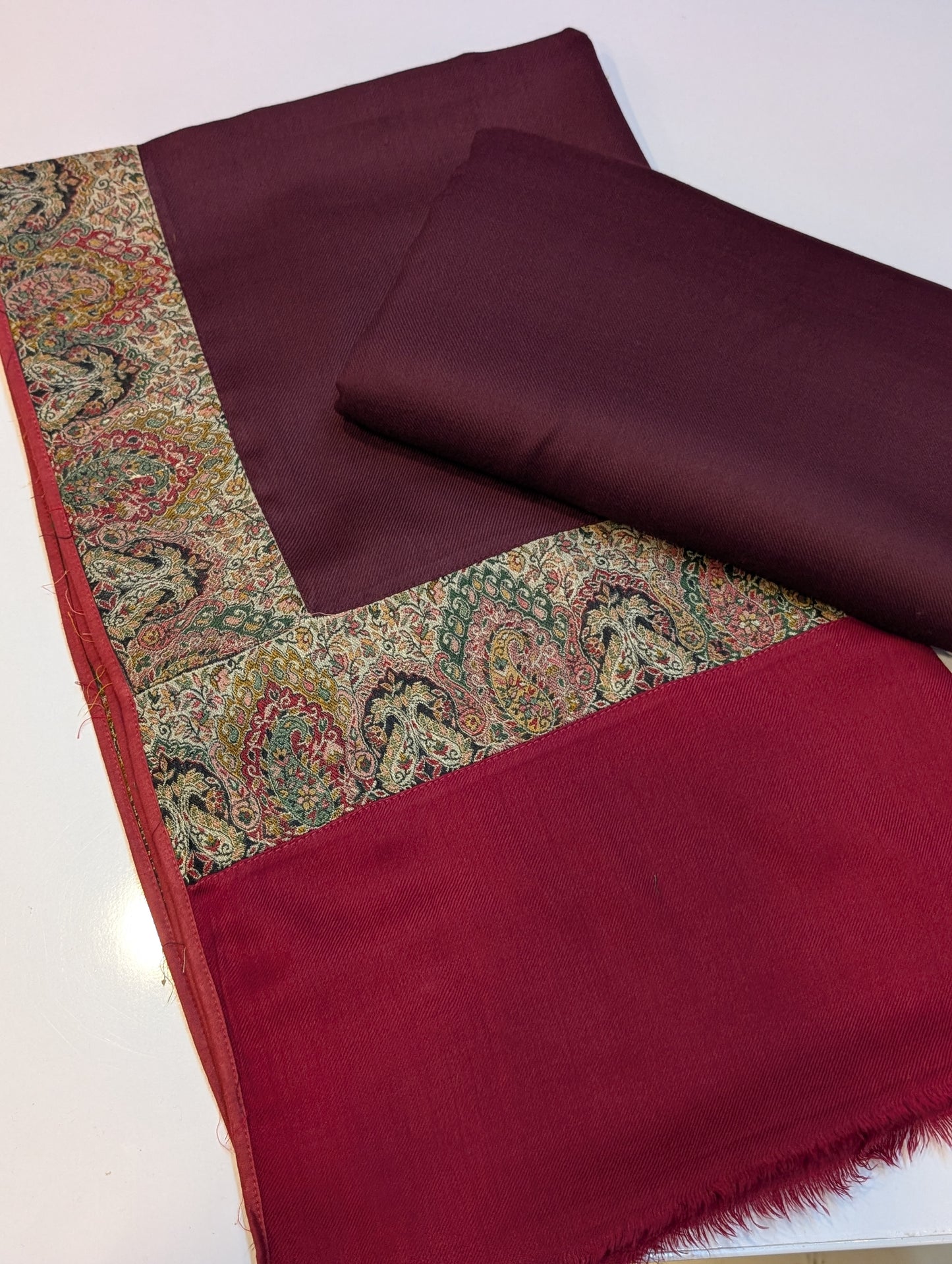 Pashmina Suit 3 Piece | Kani Border Shawl with Plain Suit | Burgundy