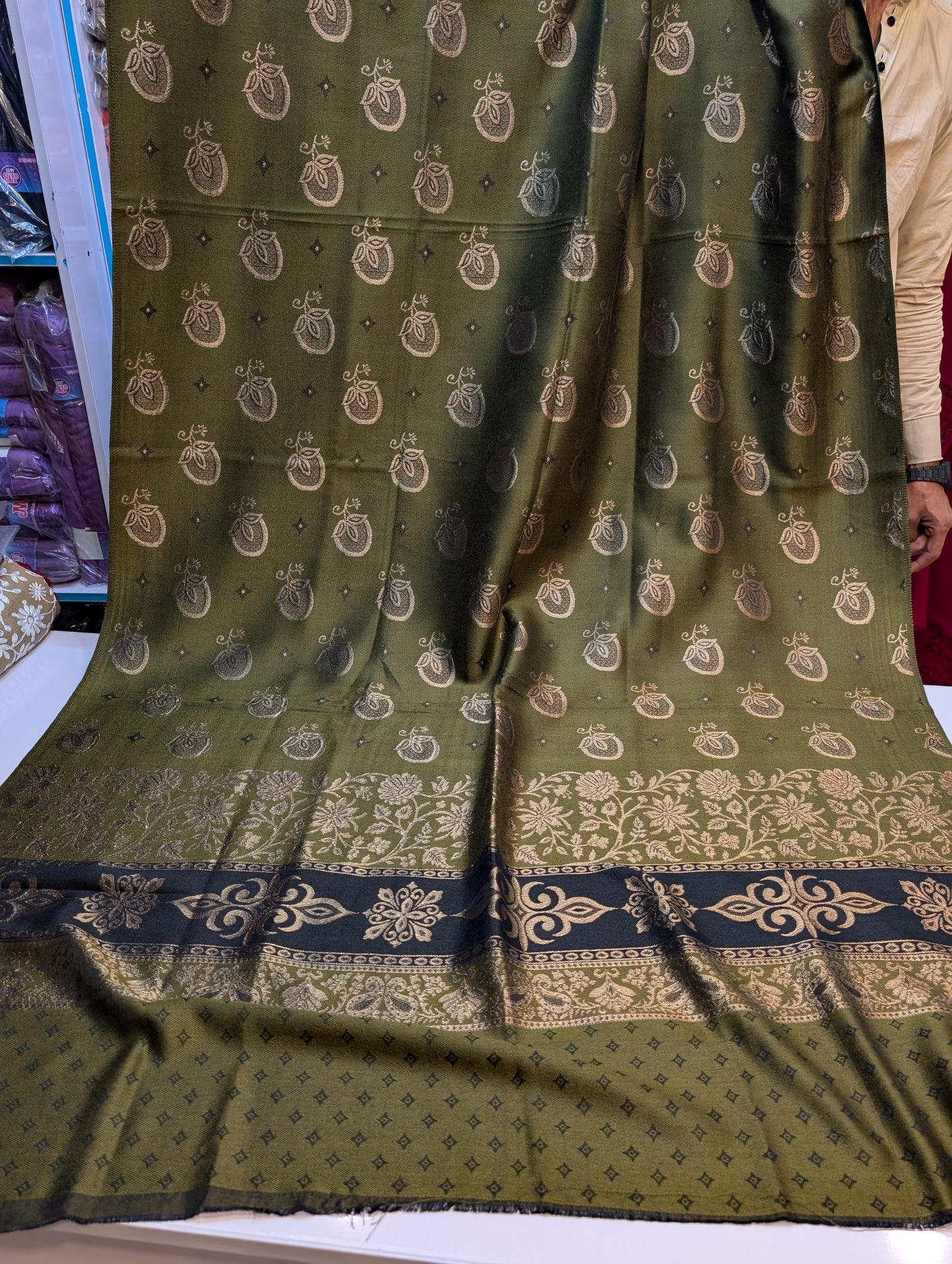 Pashmina Banarsi Shawl Full Length | Green Mehndi