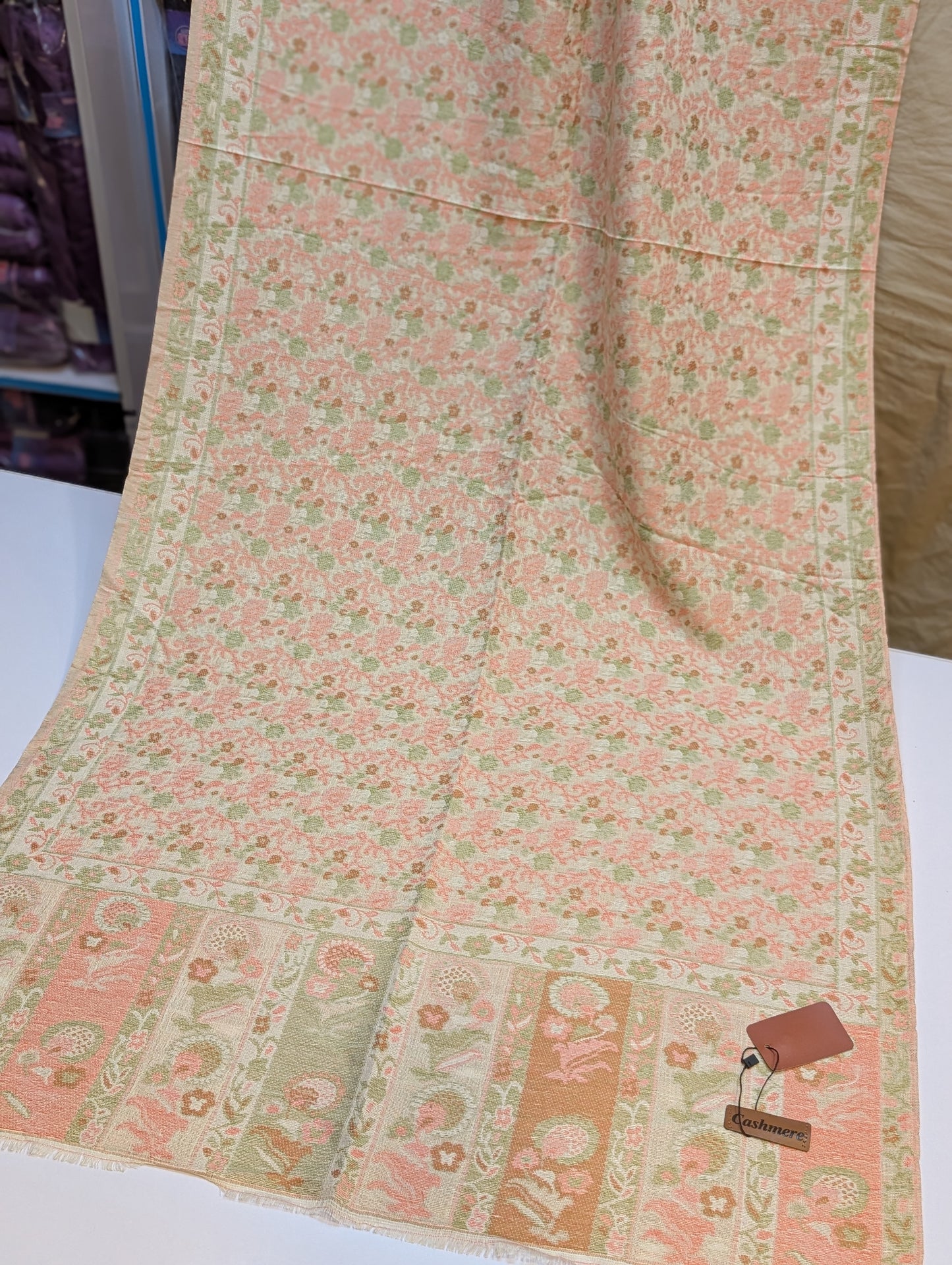 Kani Stole Sky Cashmere Acrylic Wool | Weaved Kani Wool Stole Peach