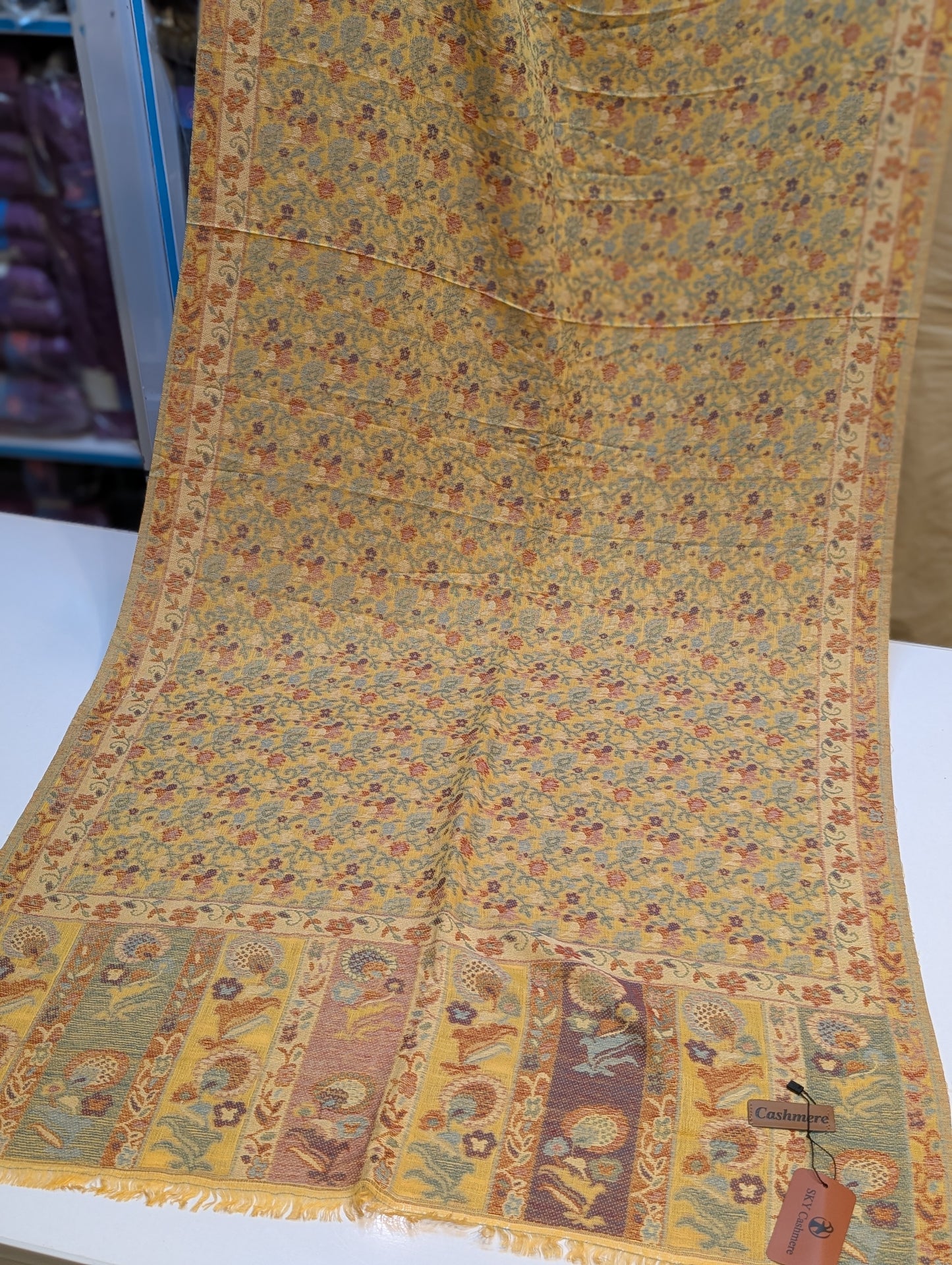 Kani Stole Sky Cashmere Acrylic Wool | Weaved Kani Wool Stole Mustard