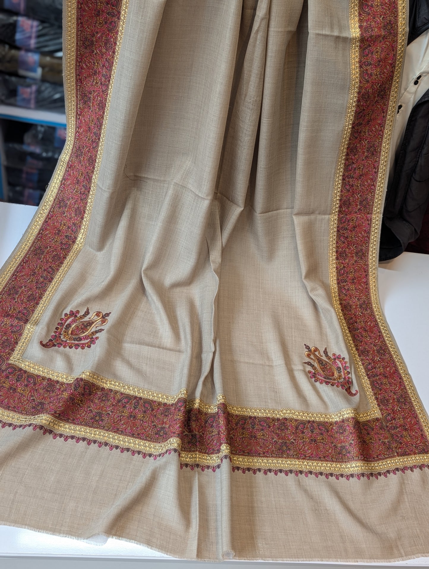 Kashmiri Shawl | Wide Border Papermache Tilla Embroidery Made in Kashmir Pure Pashmina | Skin Grey