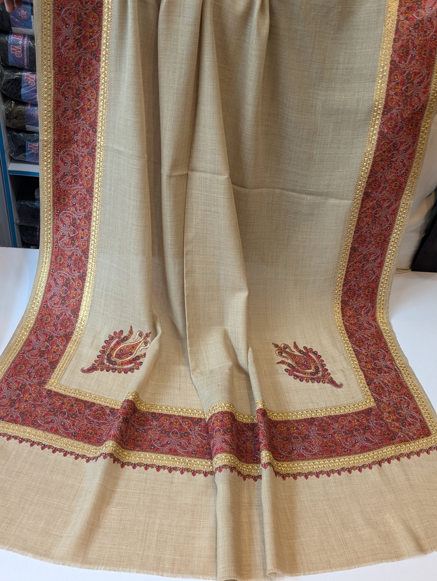 Kashmiri Shawl | Wide Border Papermache Tilla Embroidery Made in Kashmir Pure Pashmina | Skin