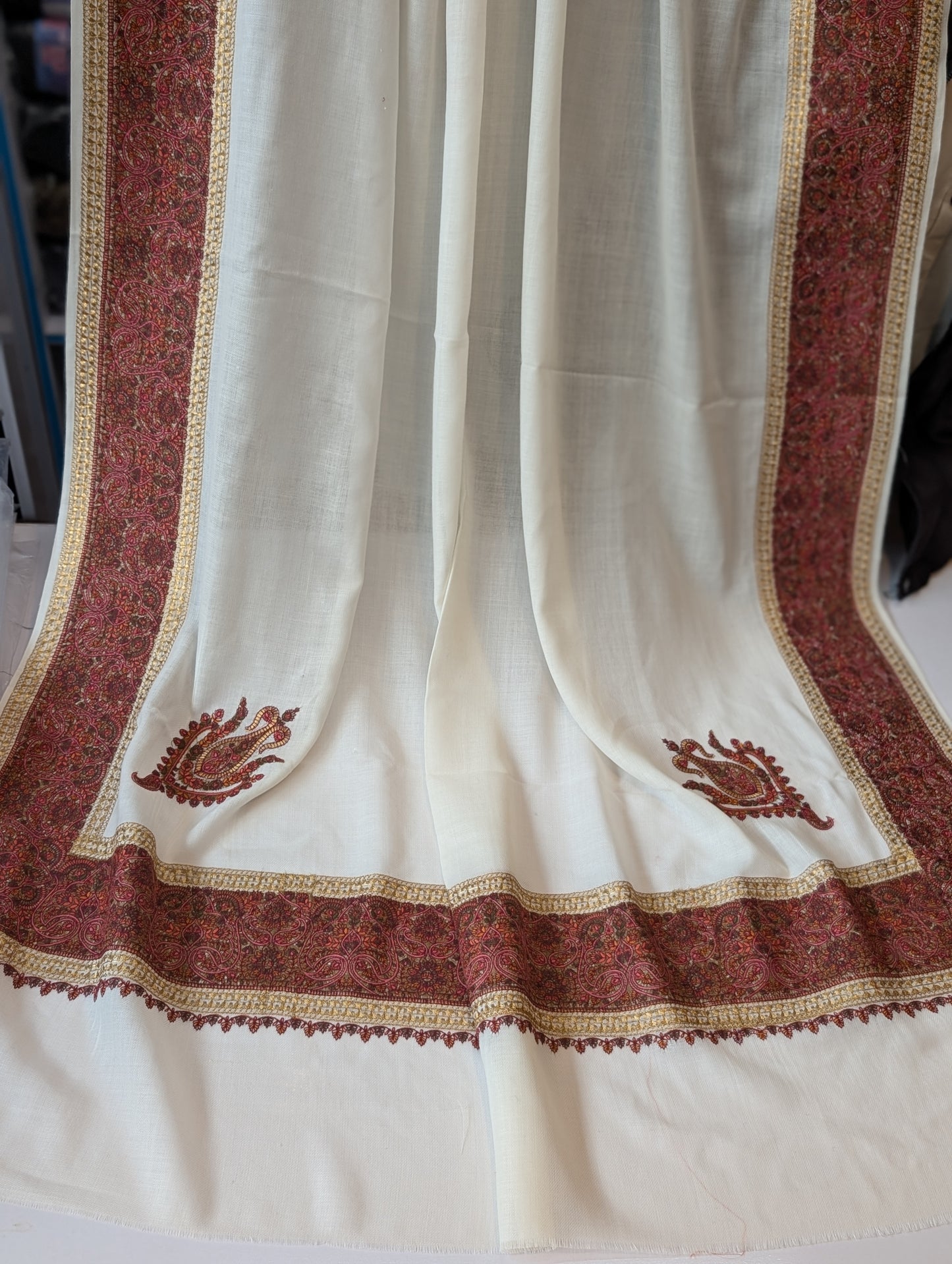 Kashmiri Shawl | Wide Border Papermache Tilla Embroidery Made in Kashmir Pure Pashmina | Off White