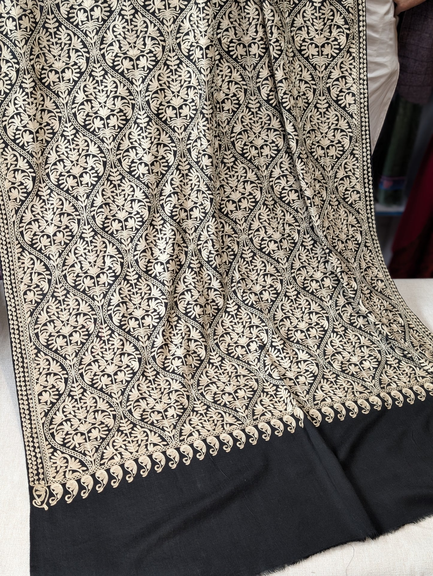 Pashmina Embroidered Shawl Matka Design | Kashmiri Aar Work Embroidery | Black With Skin