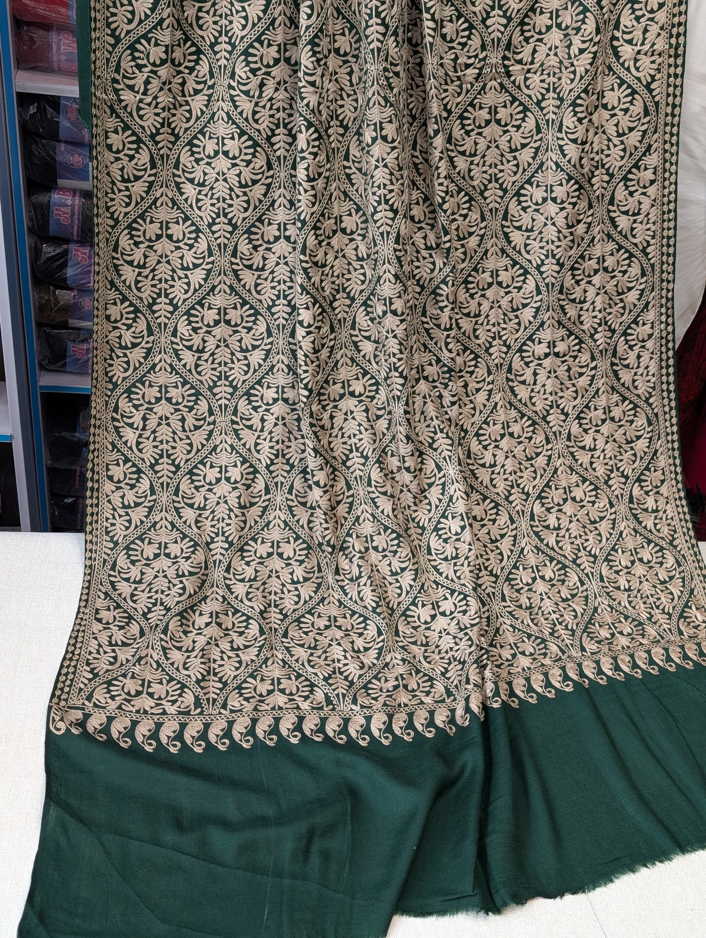 Pashmina Embroidered Shawl Matka Design | Kashmiri Aar Work Embroidery | Green With SKin