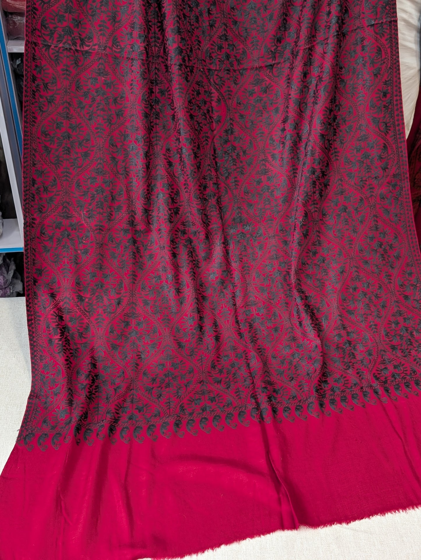 Pashmina Embroidered Shawl Matka Design | Kashmiri Aar Work Embroidery | Maroon With Black