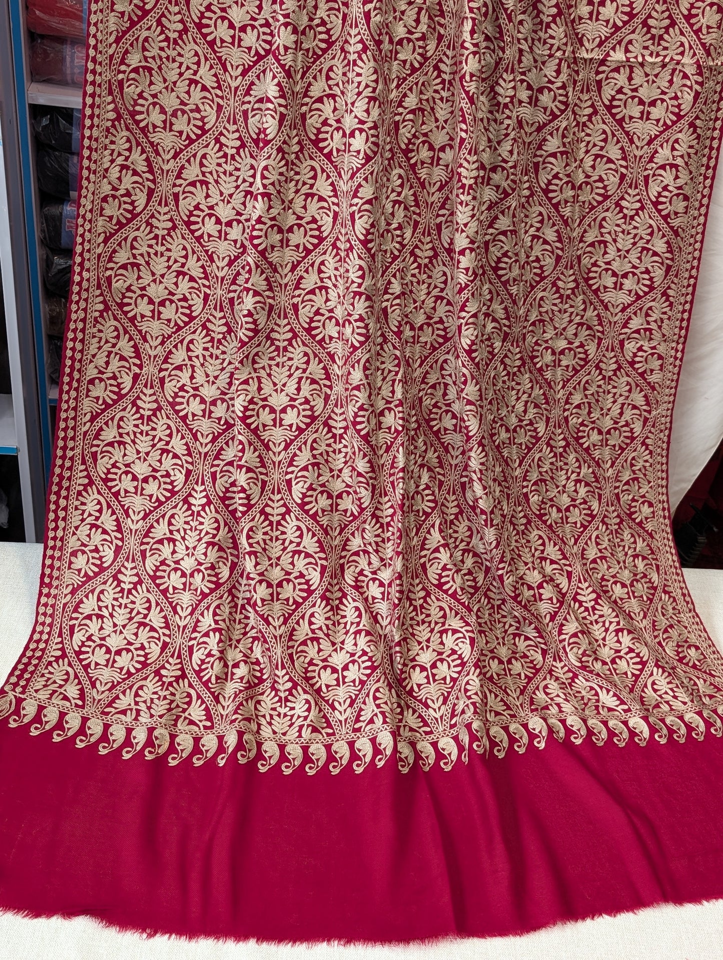 Pashmina Embroidered Shawl Matka Design | Kashmiri Aar Work Embroidery | Maroon With Skin