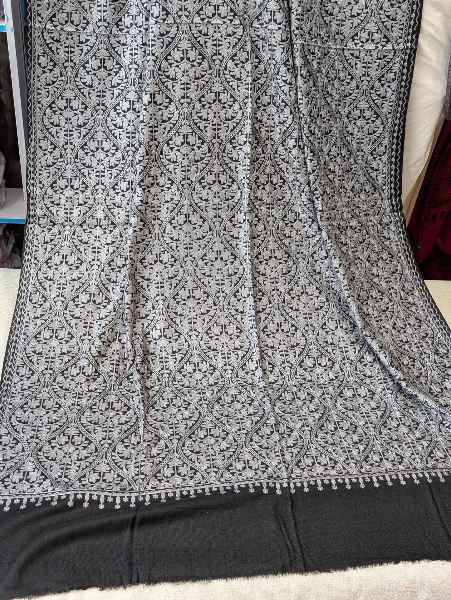 Pashmina Embroidered Shawl Matka Design | Kashmiri Aar Work Embroidery | Black With Grey