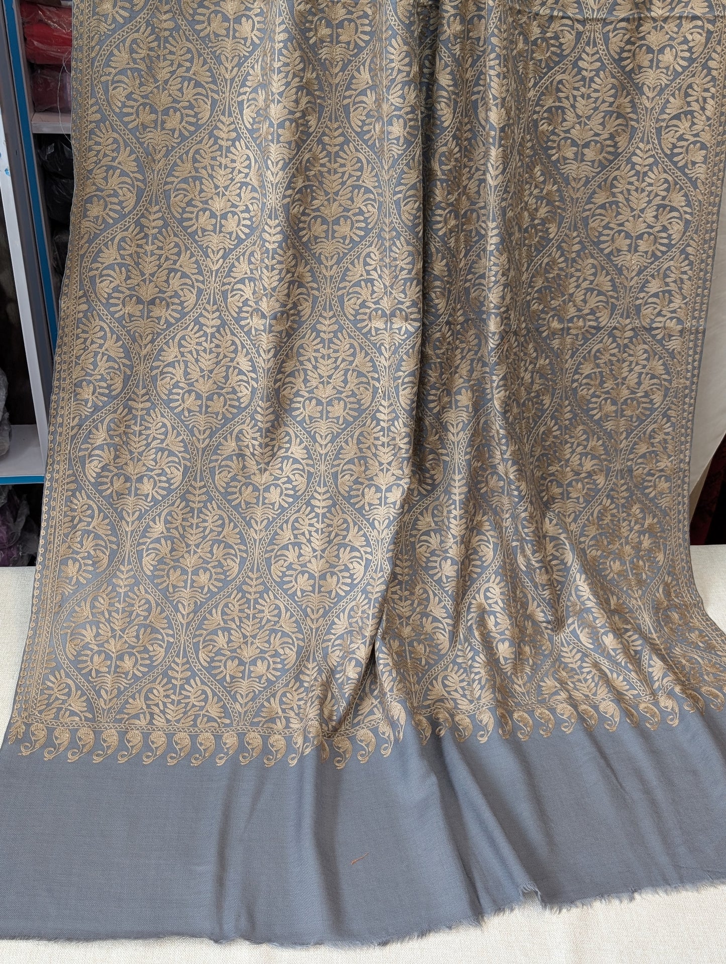 Pashmina Embroidered Shawl Matka Design | Kashmiri Aar Work Embroidery | Grey With Skin