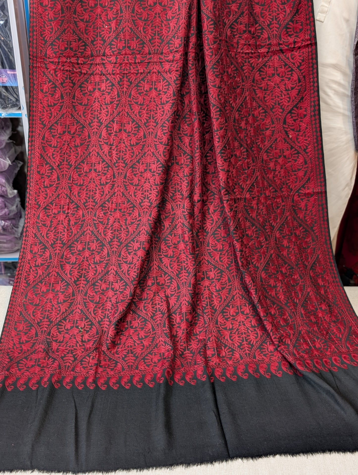 Pashmina Embroidered Shawl Matka Design | Kashmiri Aar Work Embroidery | Black With Maroon