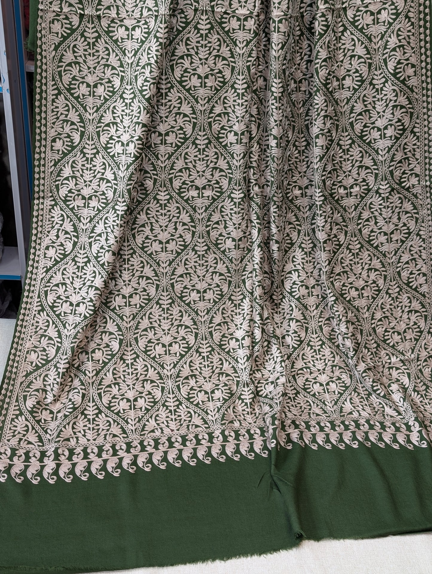 Pashmina Embroidered Shawl Matka Design | Kashmiri Aar Work Embroidery | Green With Light Skin